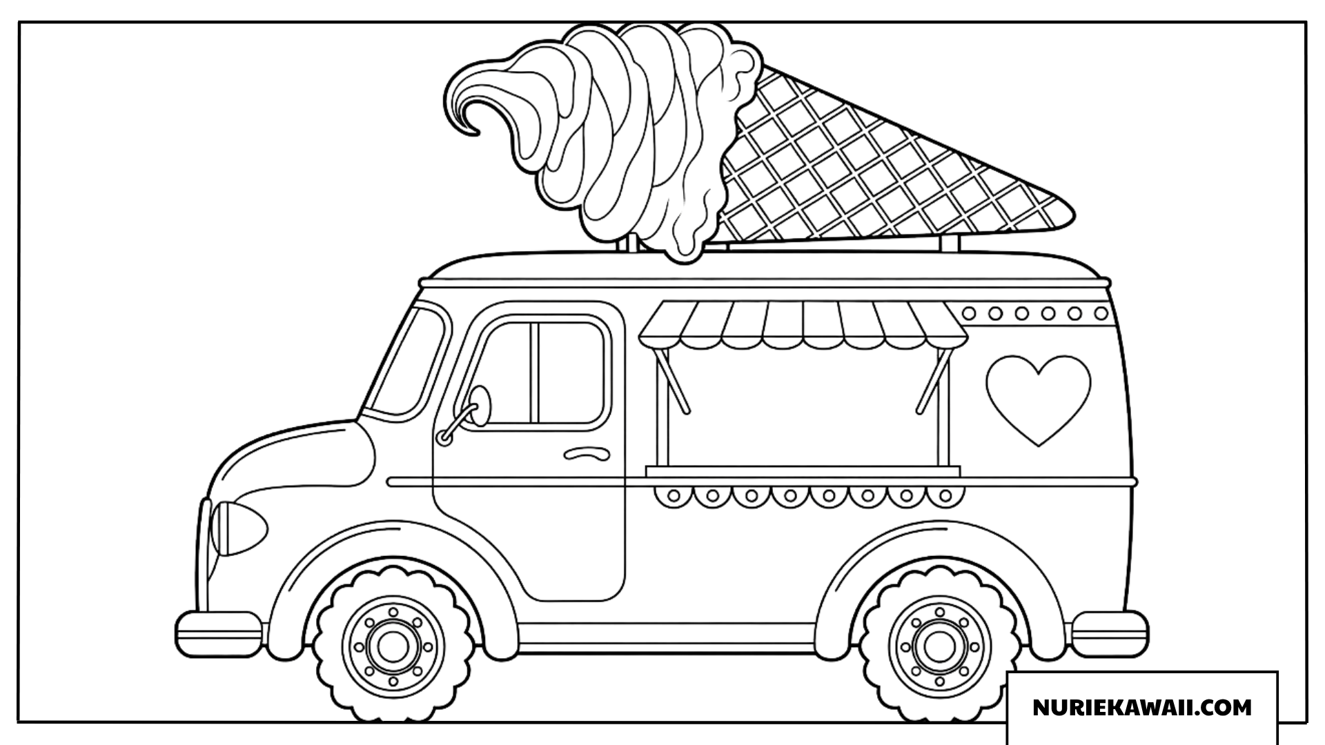 大きなアイスとハートマークのある移動販売車の塗り絵