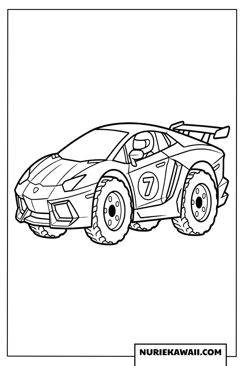 大きなオフロードタイヤを履いた可愛いデフォルメランボルギーニの塗り絵