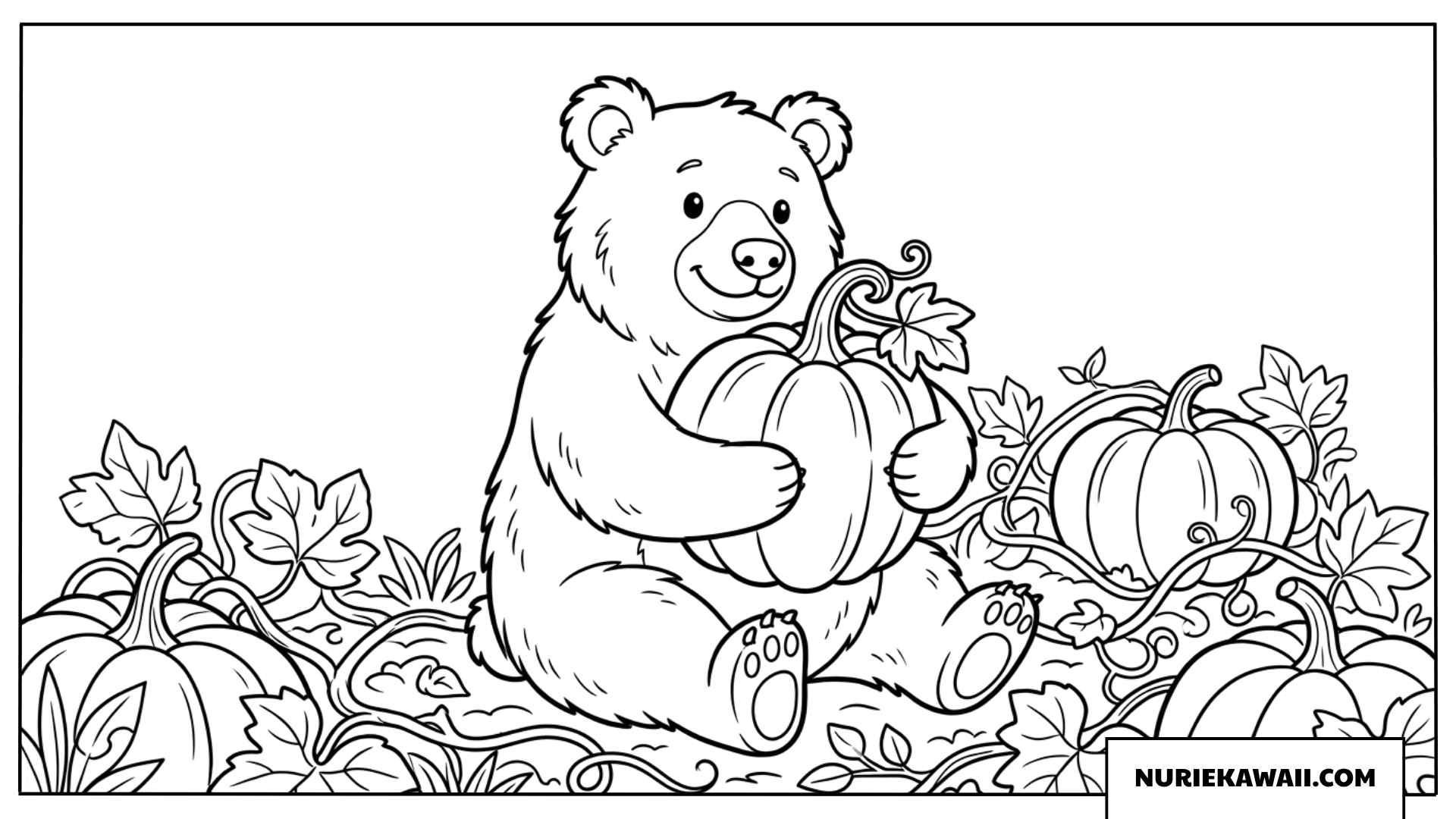 大きなカボチャを抱きしめる可愛いクマの塗り絵