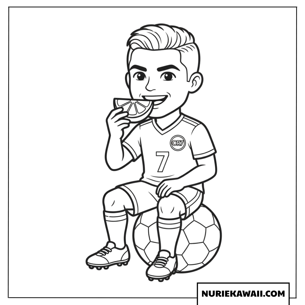 大きなサッカーボールに座って美味しそうにオレンジを食べるクリスティアーノロナウドの塗り絵