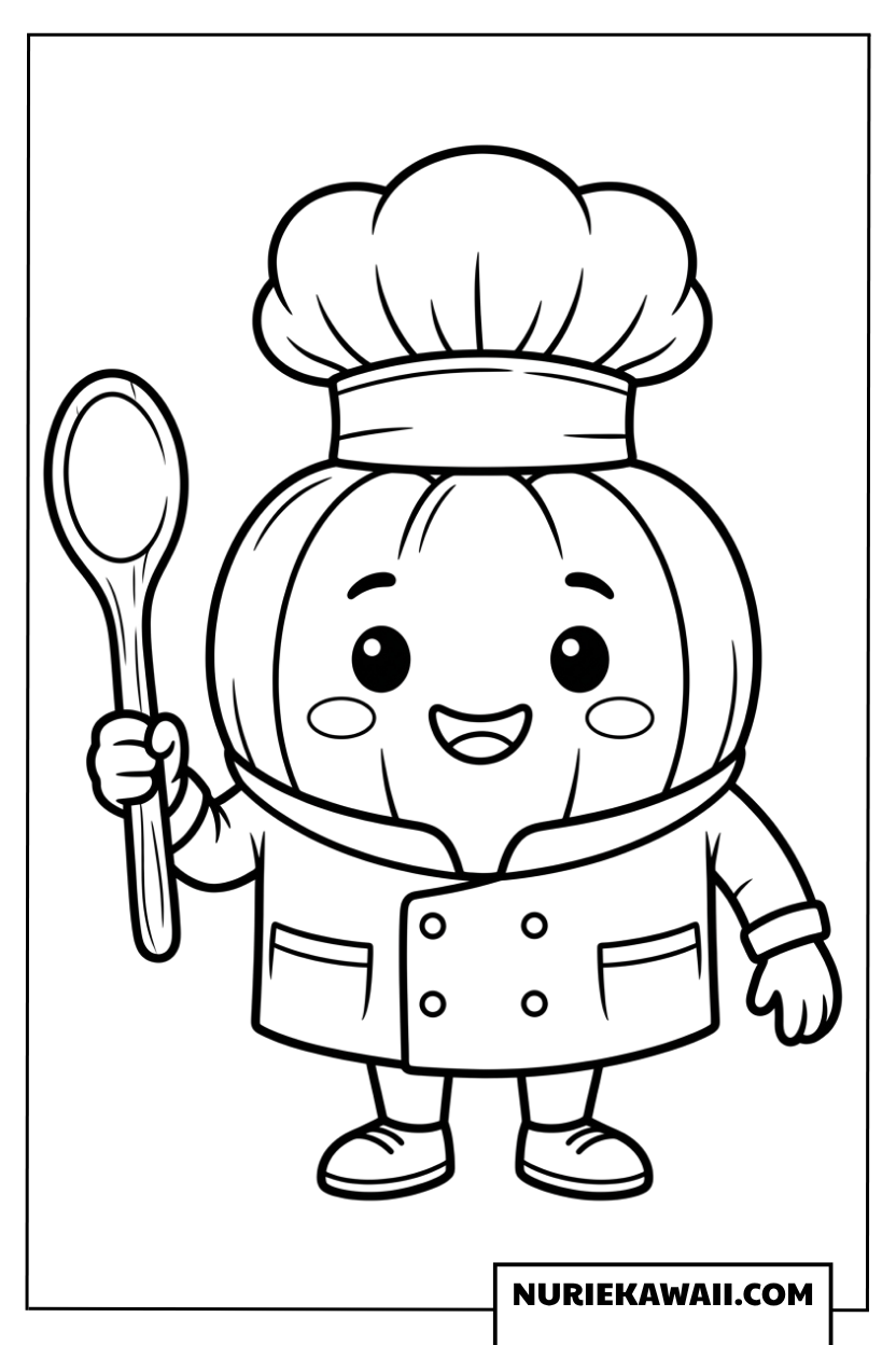 大きなスプーンを持ったカボチャシェフの塗り絵