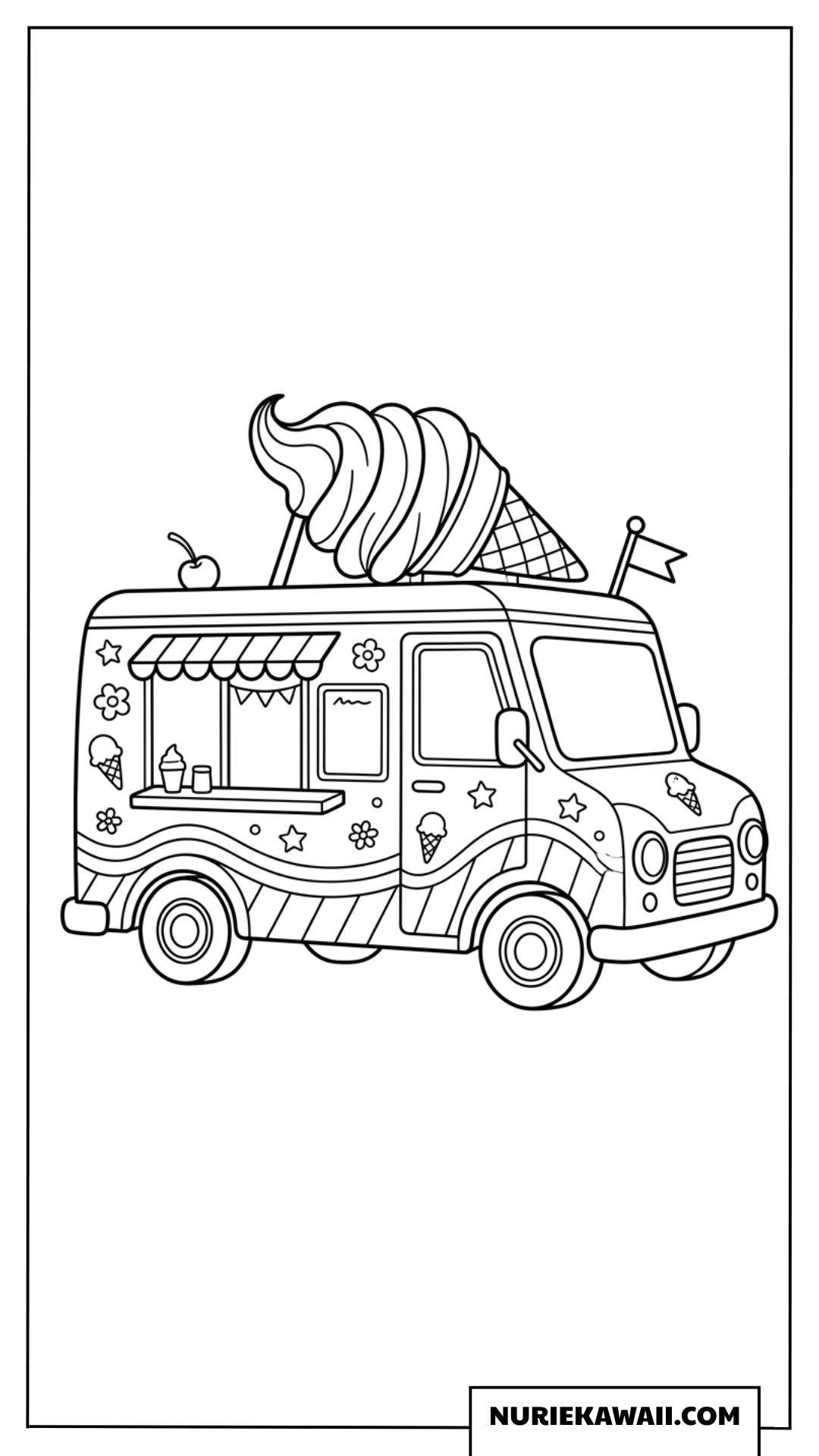 大きなソフトクリームが屋根にのったアイスクリームトラックの塗り絵