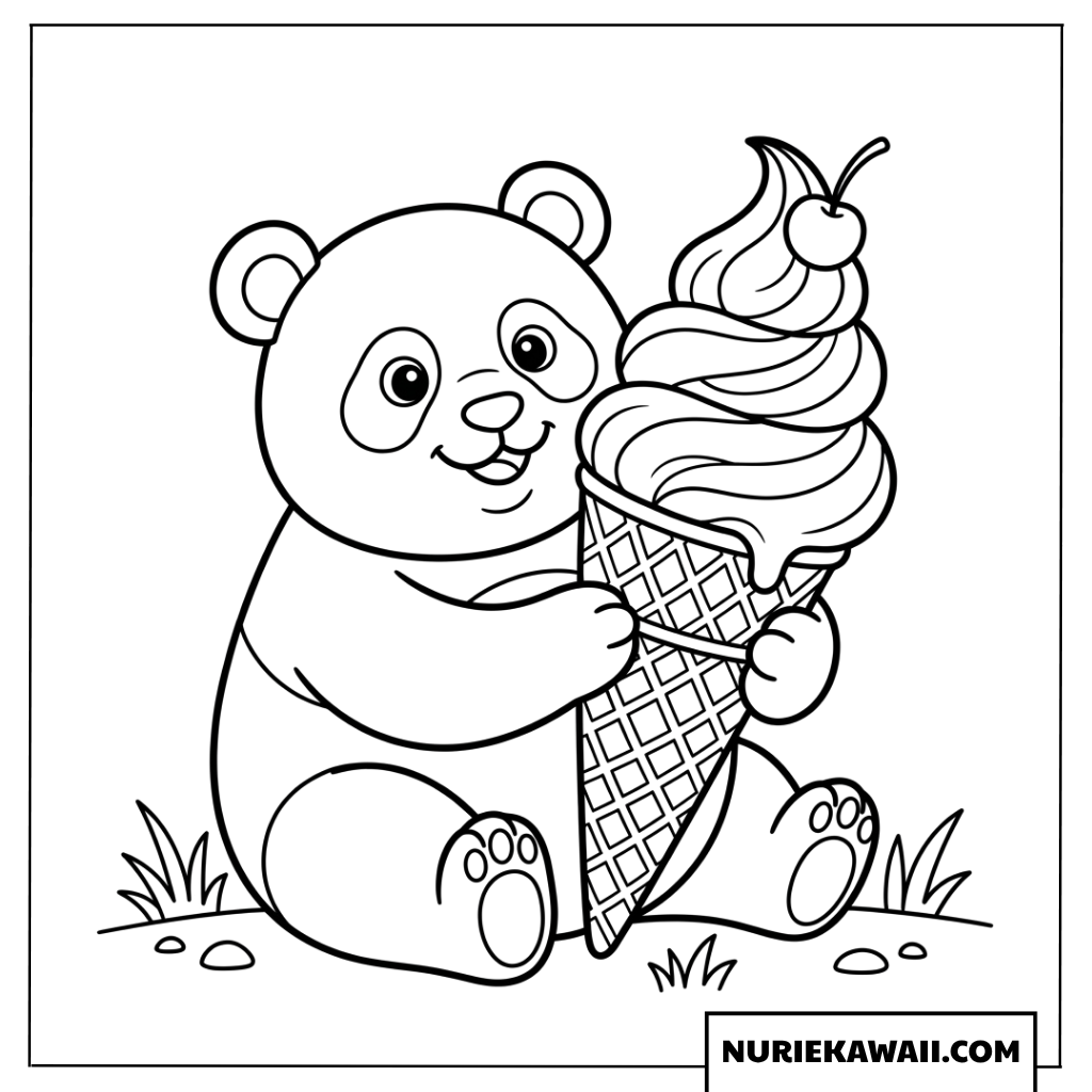 大きなソフトクリームを嬉しそうに抱きしめる可愛いパンダの塗り絵