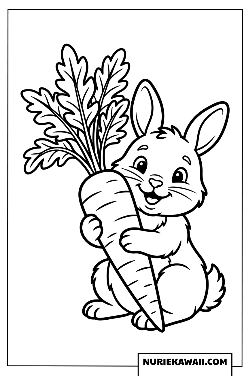 大きなニンジンを抱きしめる可愛いウサギの塗り絵