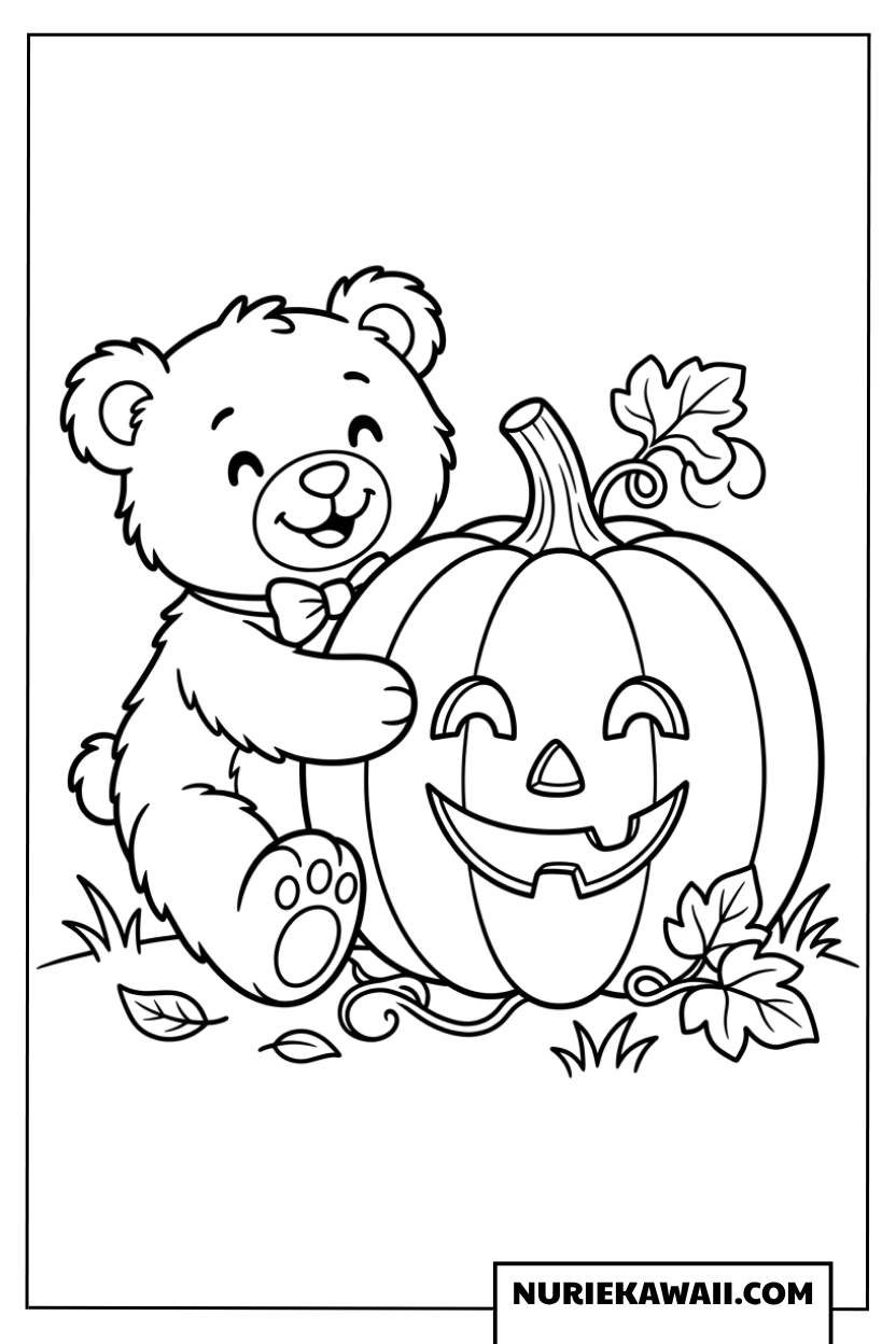 大きなハロウィンのカボチャを抱きしめる子グマの塗り絵