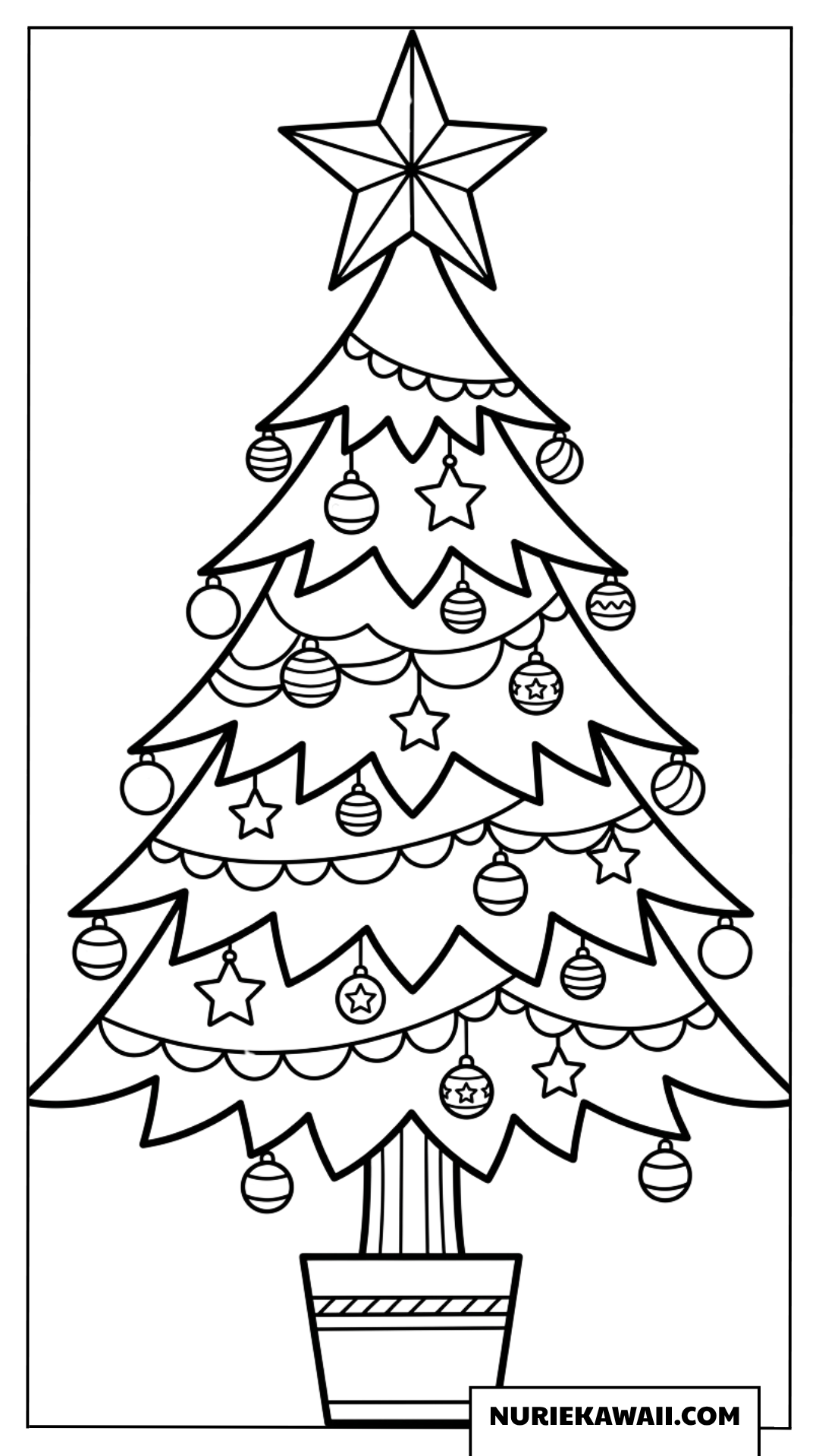 大きな星と可愛いオーナメントを飾ったクリスマスツリーの塗り絵