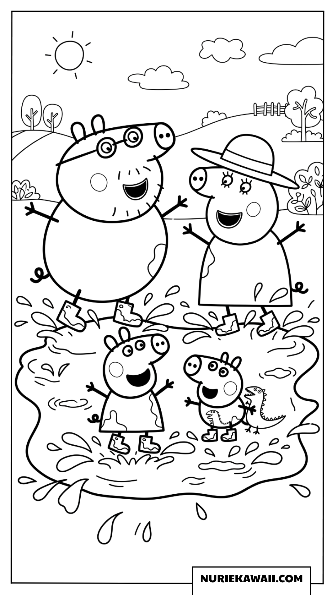 大きな泥水たまりでみんなで元気にジャンプするペッパピッグ家族の塗り絵