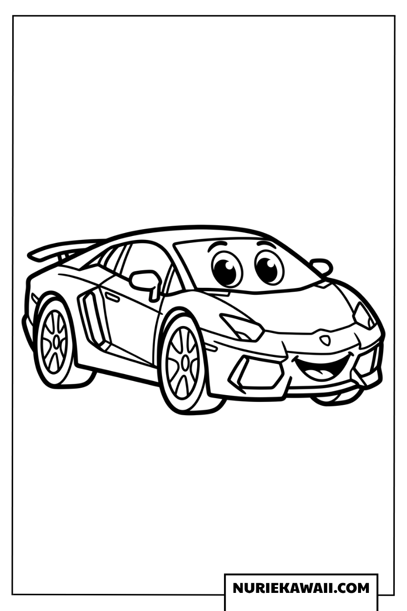 大きな目と可愛い笑顔がついたキャラクター風ランボルギーニの塗り絵