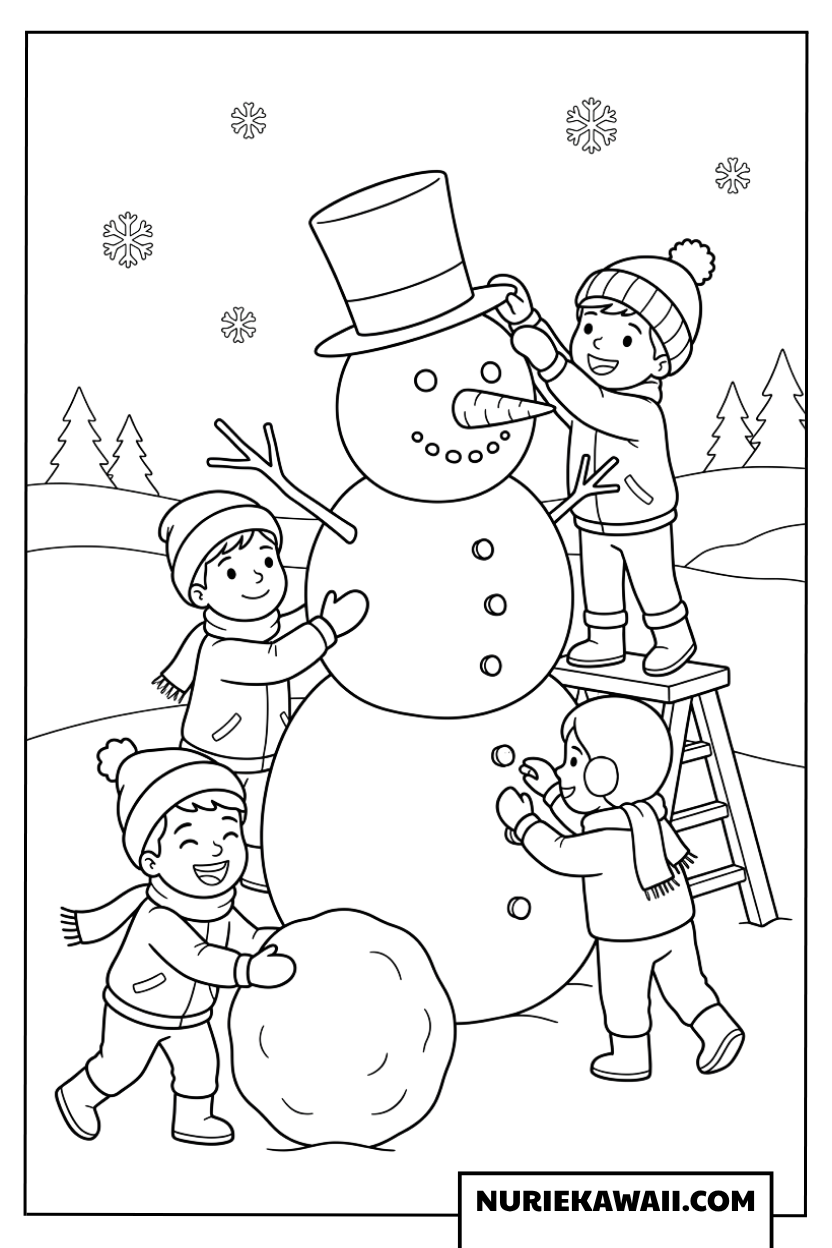 大きな雪だるまをみんなで作る冬の遊び塗り絵