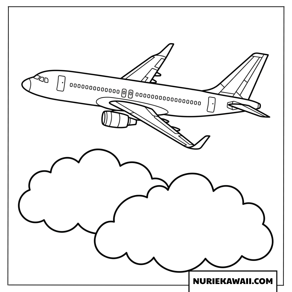 大きな雲の上を気持ちよく飛んでいる旅客機の簡単な塗り絵