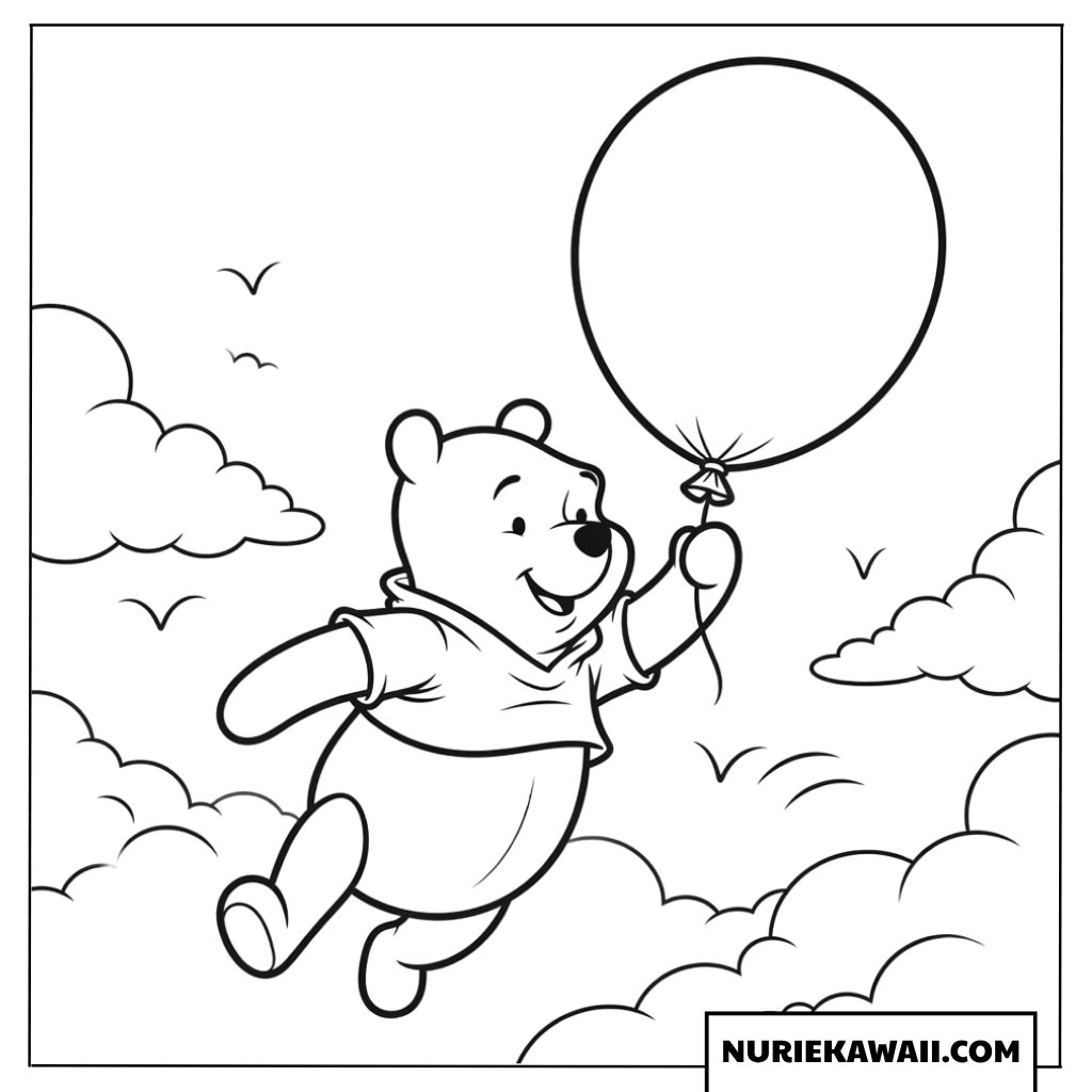大きな風船で空をふわふわと飛ぶくまのプーさんの塗り絵