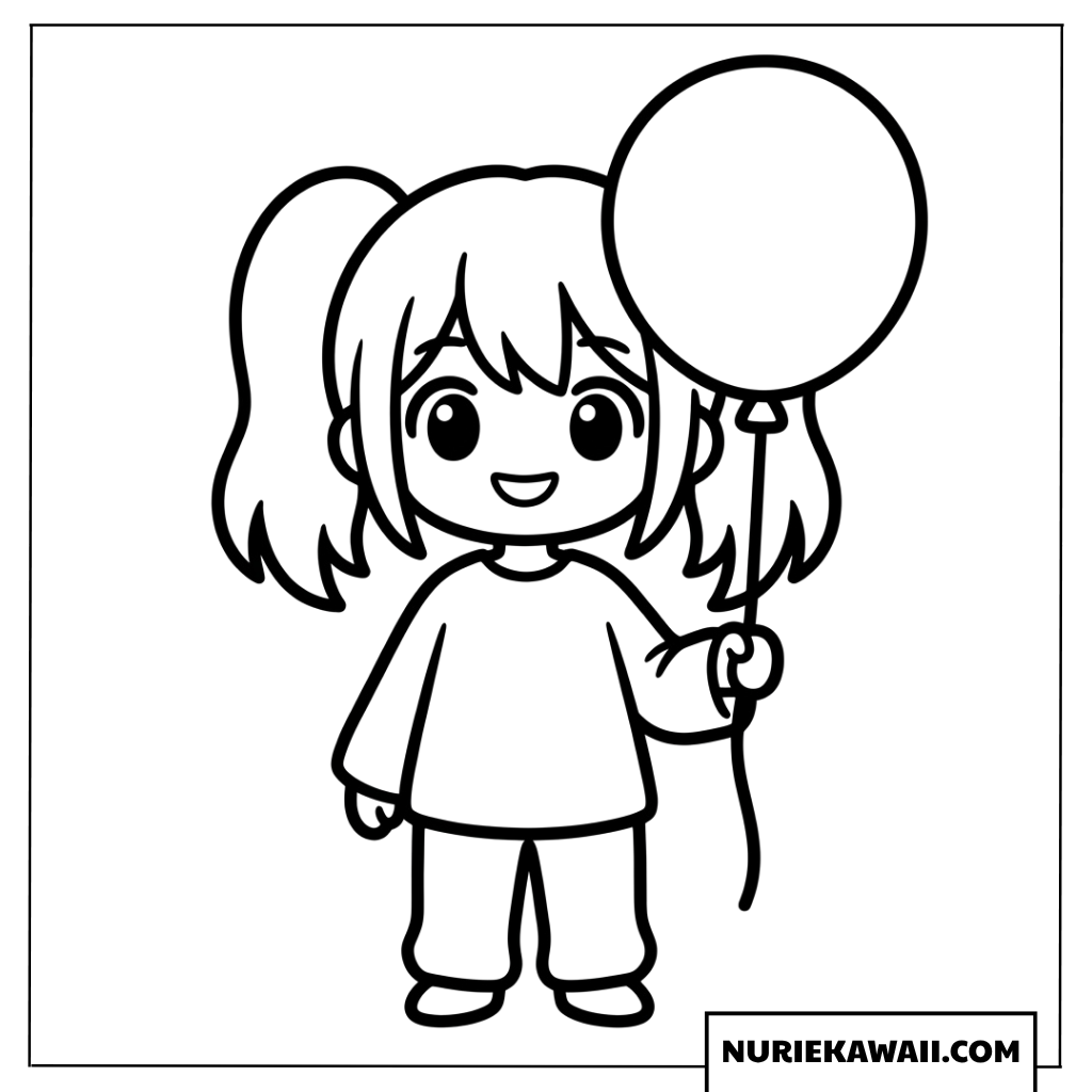 大きな風船を持ったツインテールの可愛い女の子の塗り絵