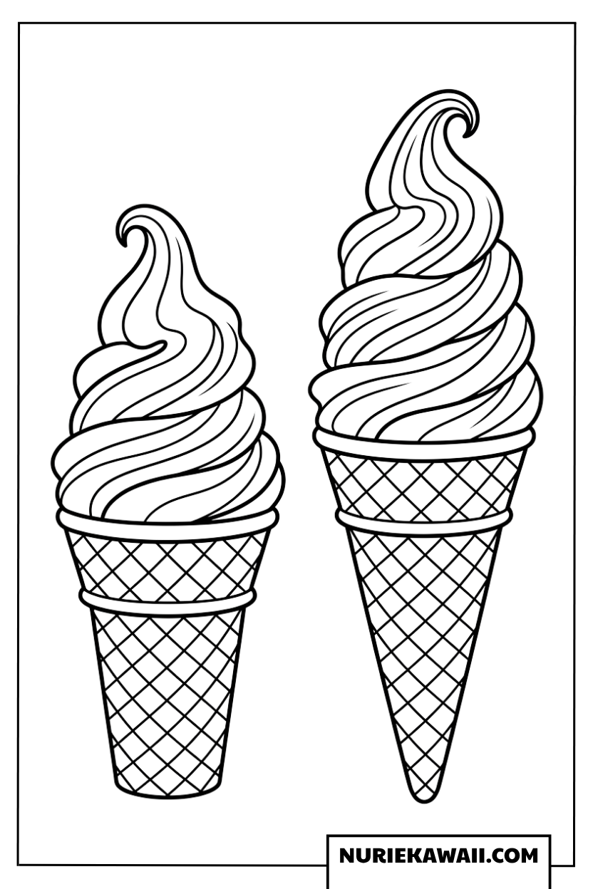 大小2つの美味しそうなソフトクリームの塗り絵