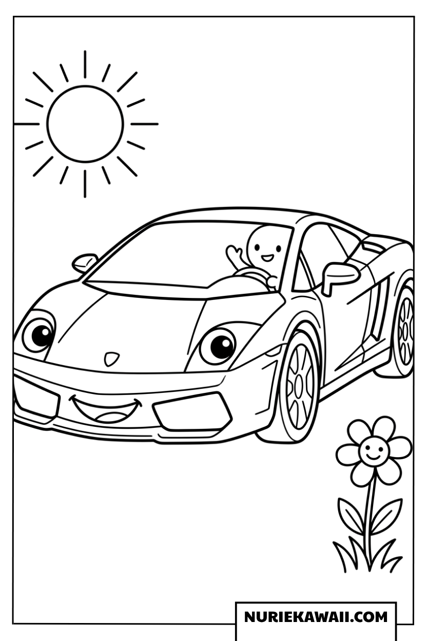太陽とお花と一緒に笑顔できょろきょろ走るランボルギーニの塗り絵