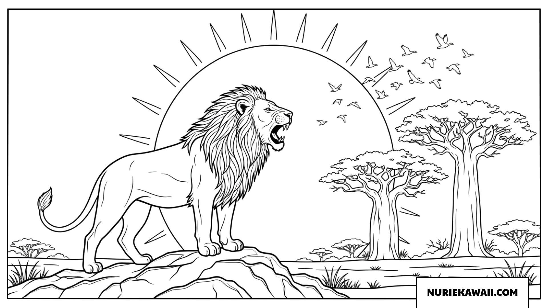 太陽とバオバブを背に吠えるライオンの塗り絵