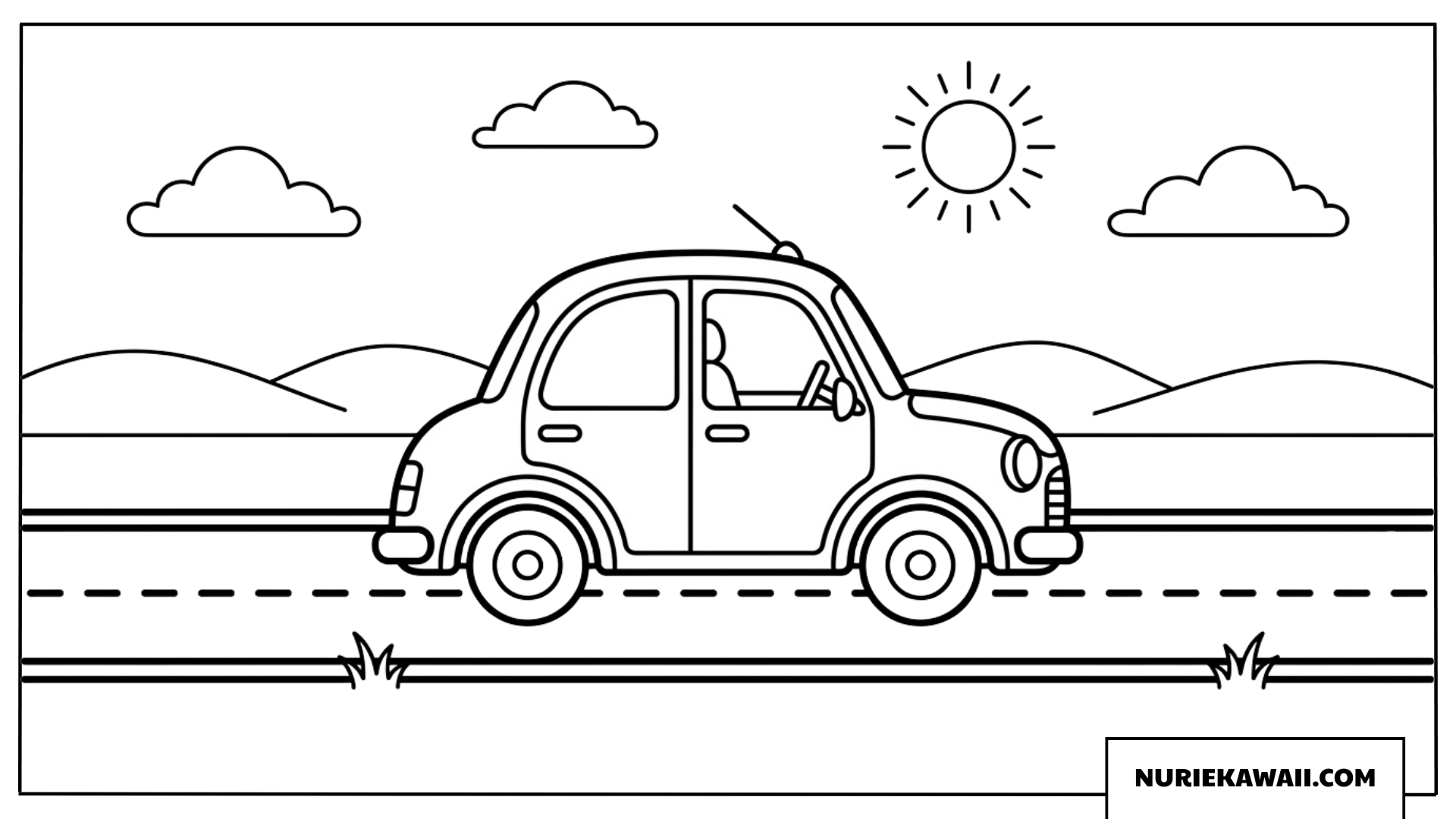 太陽の下で道路を走る可愛いクラシックカーの塗り絵