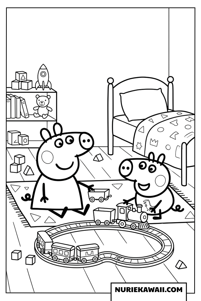 子ども部屋で列車の玩具とレールで遊ぶペッパピッグとジョージの塗り絵