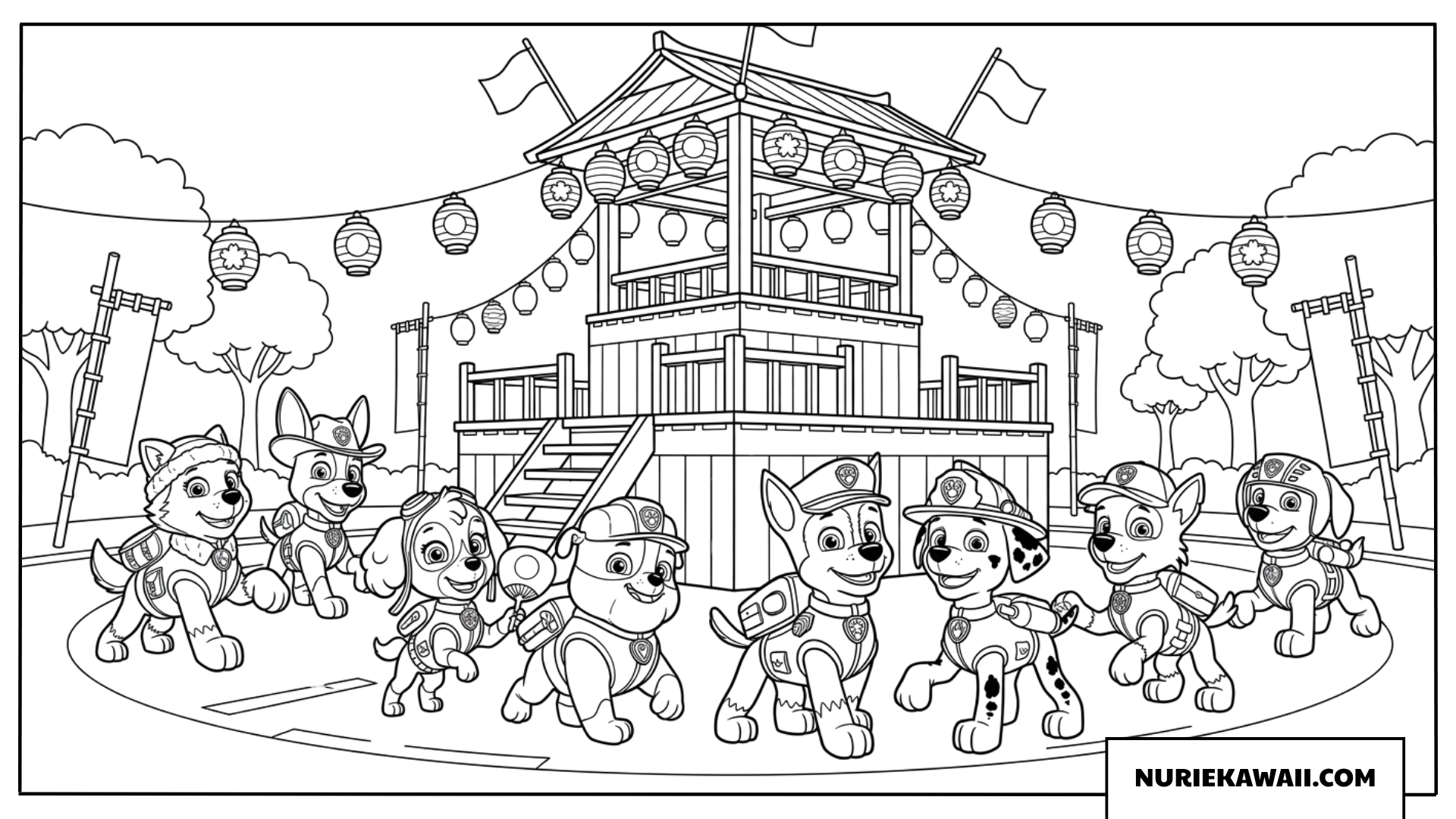 子犬たちが夏祭りのやぐらの周りで盆踊りを踊る楽しい塗り絵