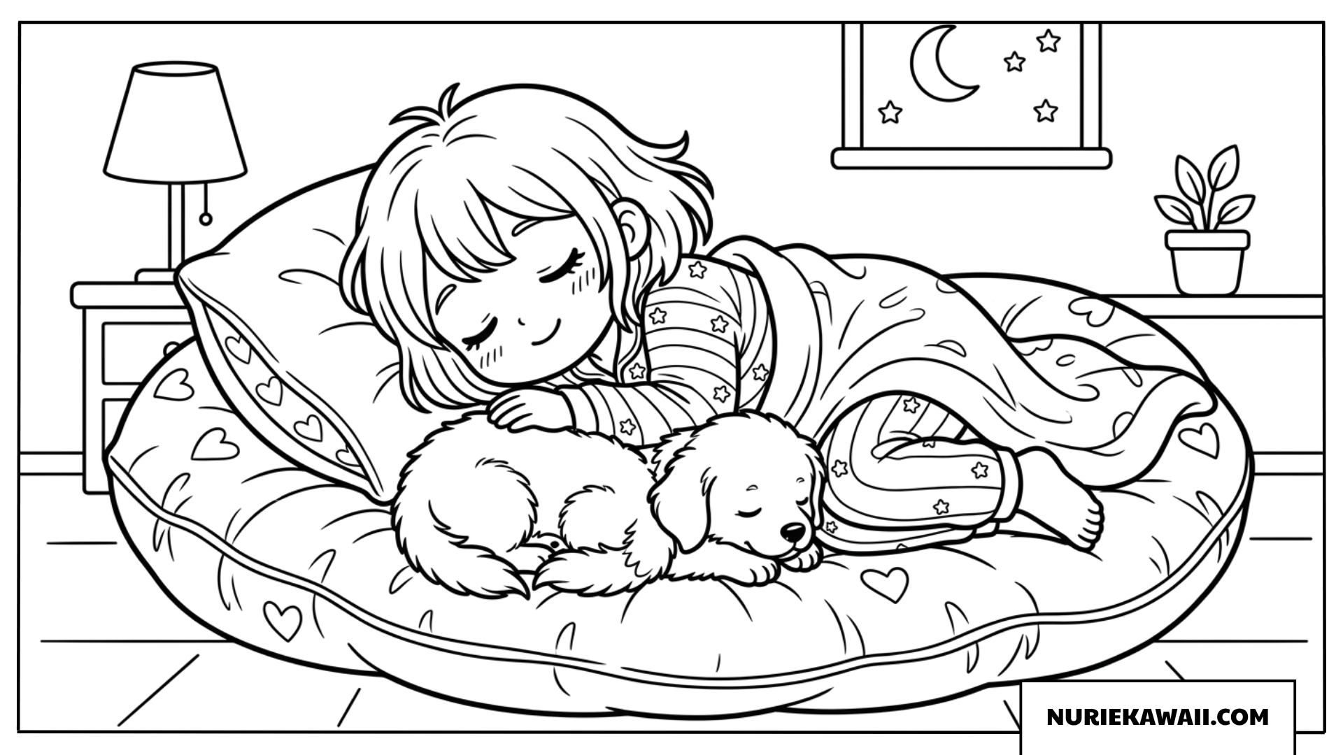 子犬と一緒に眠る可愛い女の子の塗り絵