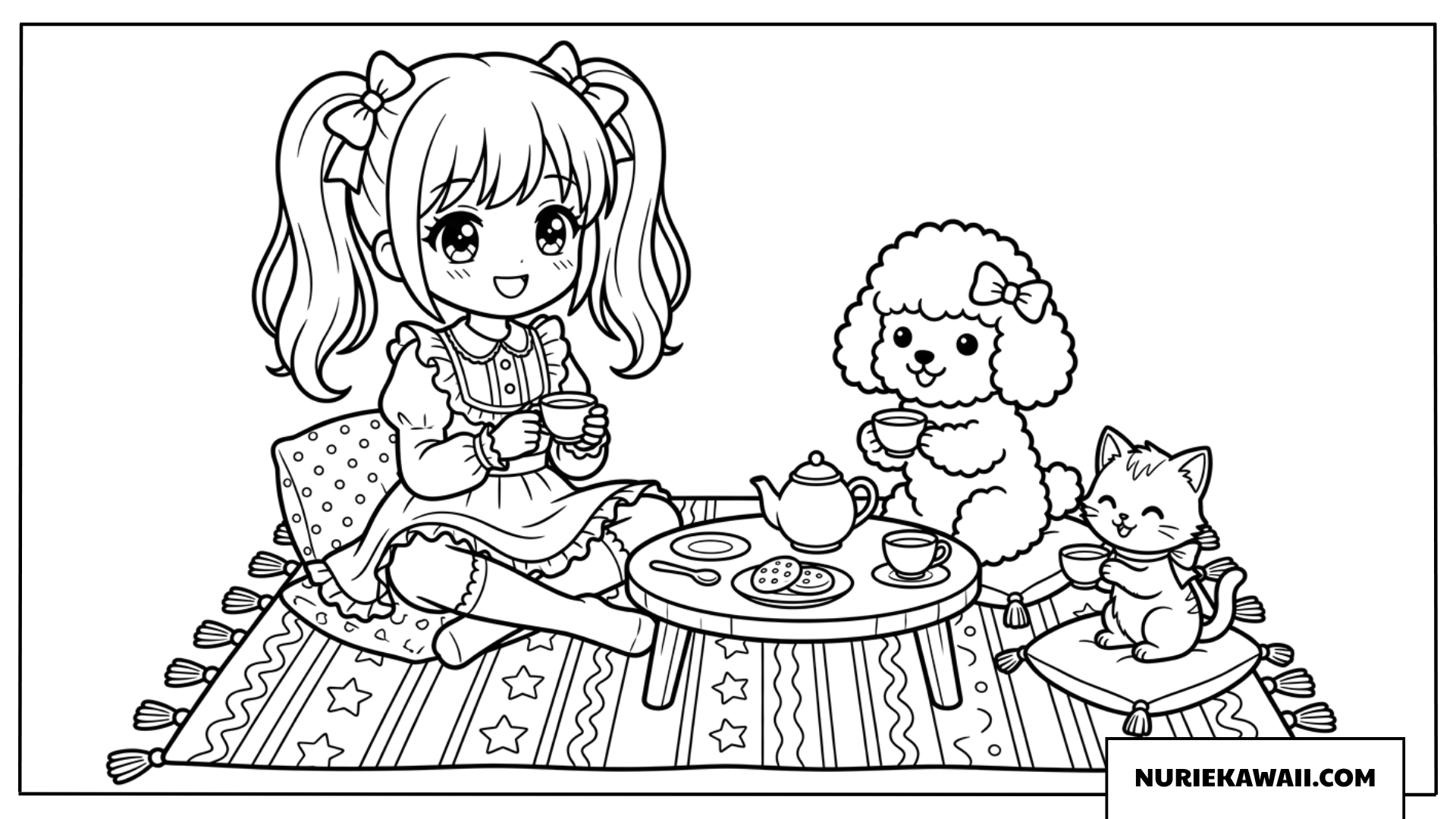 子犬と子猫とお茶会を楽しむ可愛い女の子の塗り絵