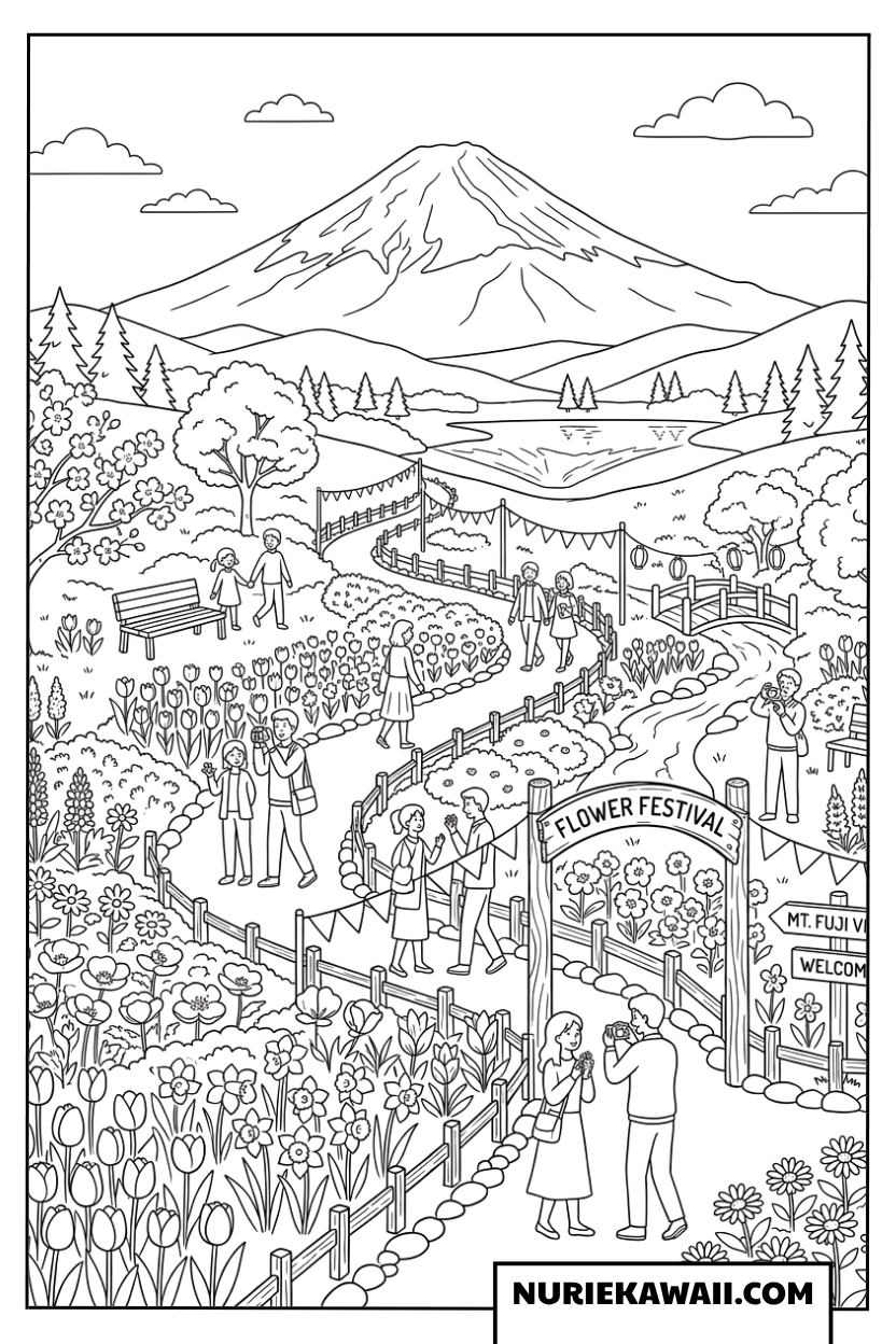 富士山とフラワーフェスティバルの塗り絵