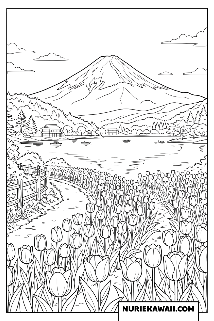 富士山と湖畔のチューリップ畑の塗り絵