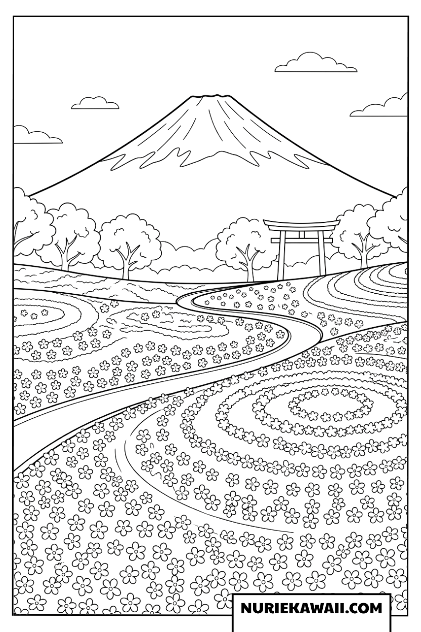 富士山と花畑の美しい丘の塗り絵