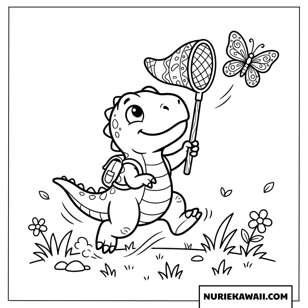 小さなリュックを背負って虫取り網で蝶々を追いかけるティラノサウルスの塗り絵