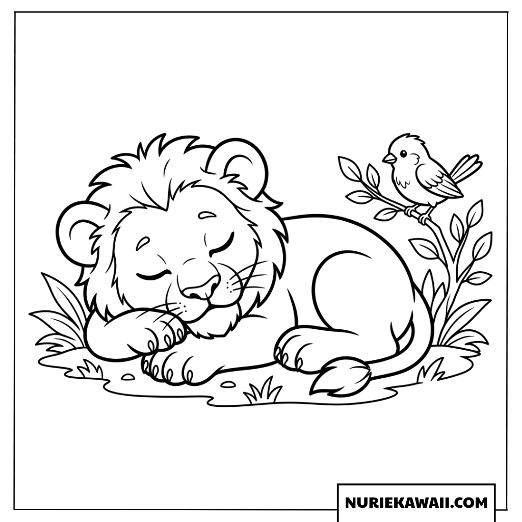 小鳥が見守る中で眠るライオンの赤ちゃんの塗り絵