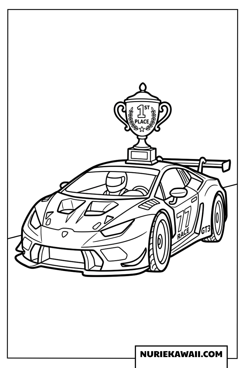 屋根に大きな優勝カップを載せたナンバー77のランボルギーニレースカーの塗り絵