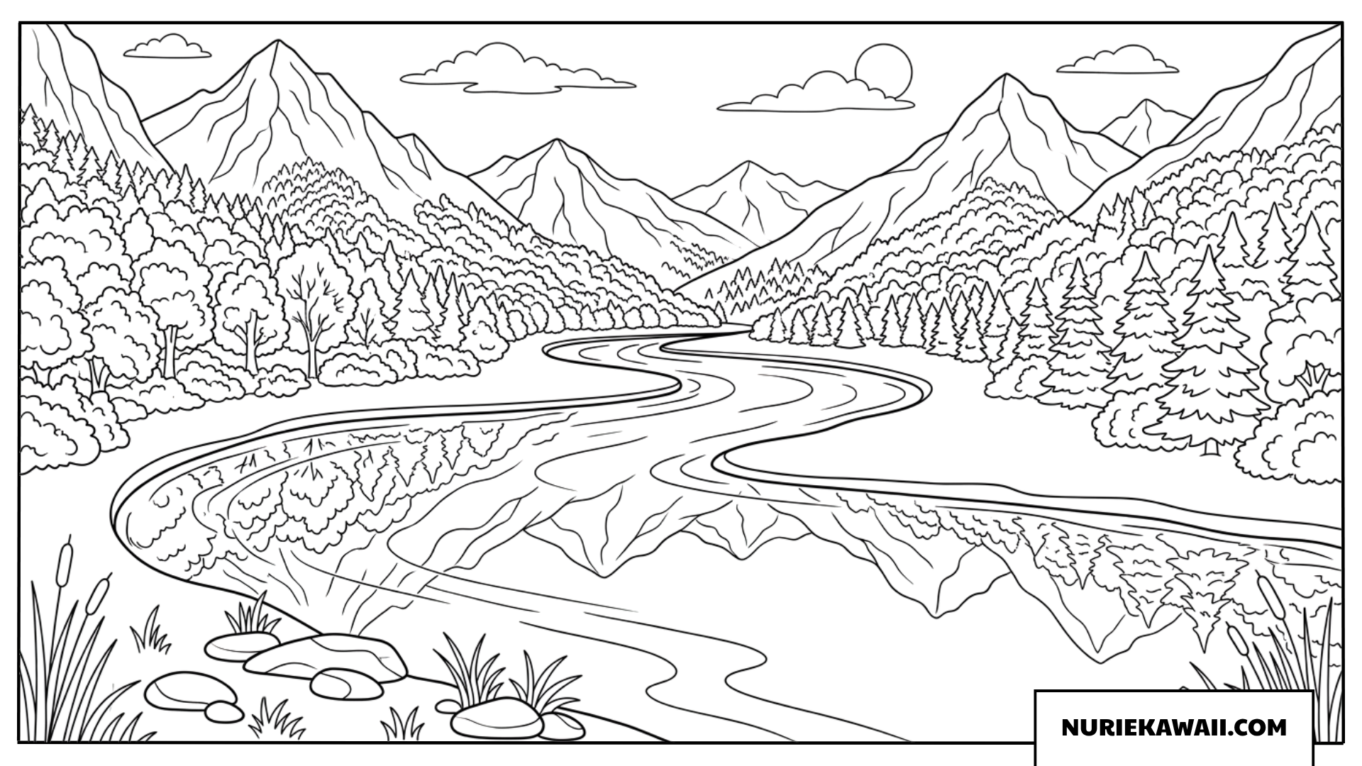 山々の絶景と川面に映る美しい森の秋景色を描いた自然の塗り絵