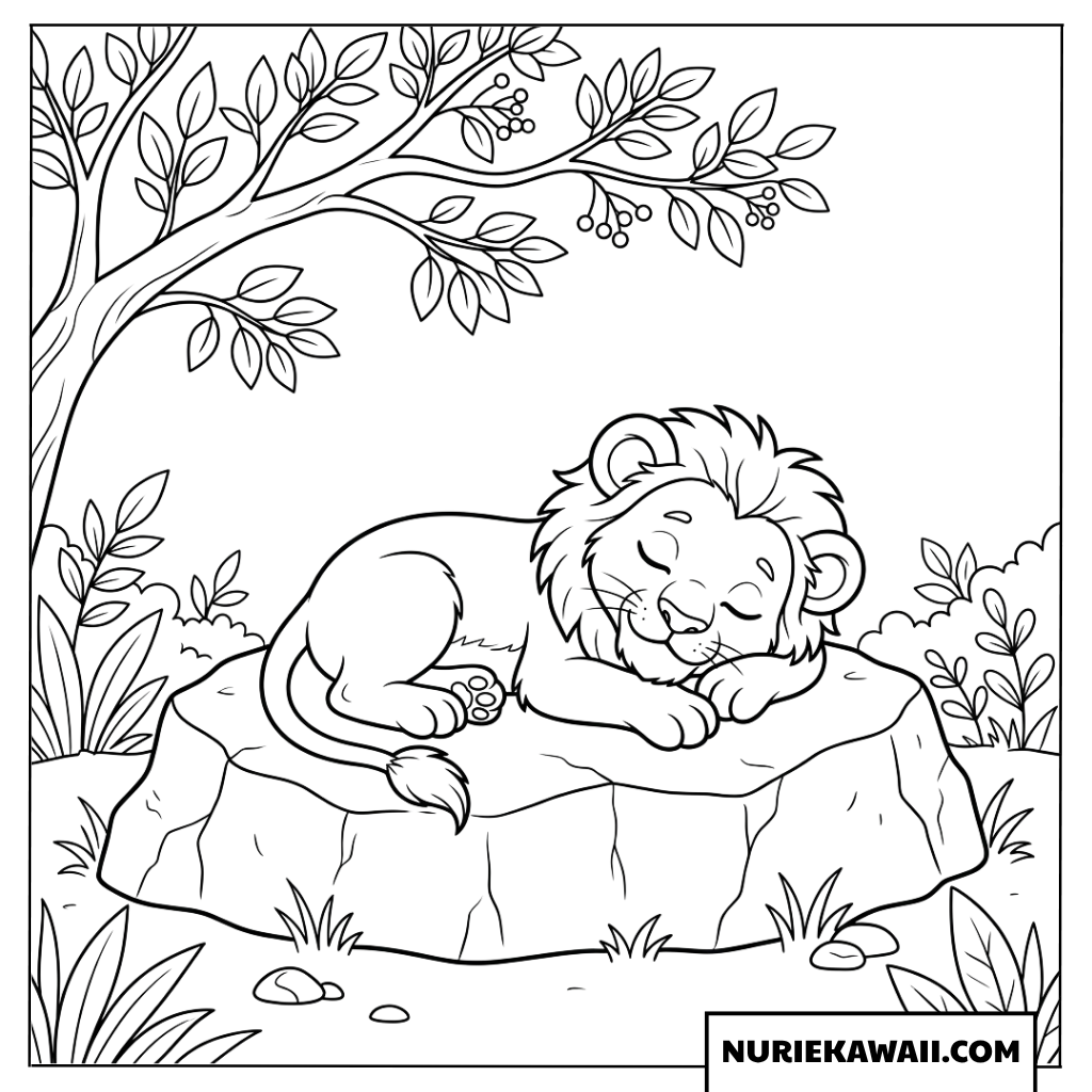 岩の上で眠るライオンの赤ちゃんの塗り絵