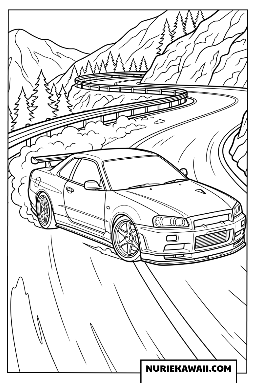 峠道をドリフト走行する日産スカイラインのスポーツカー塗り絵