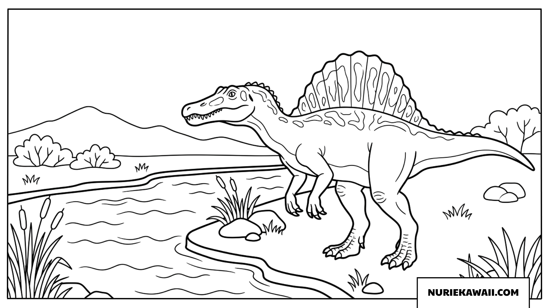 川のほとりにたたずむ大きな背びれを持ったスピノサウルスの塗り絵