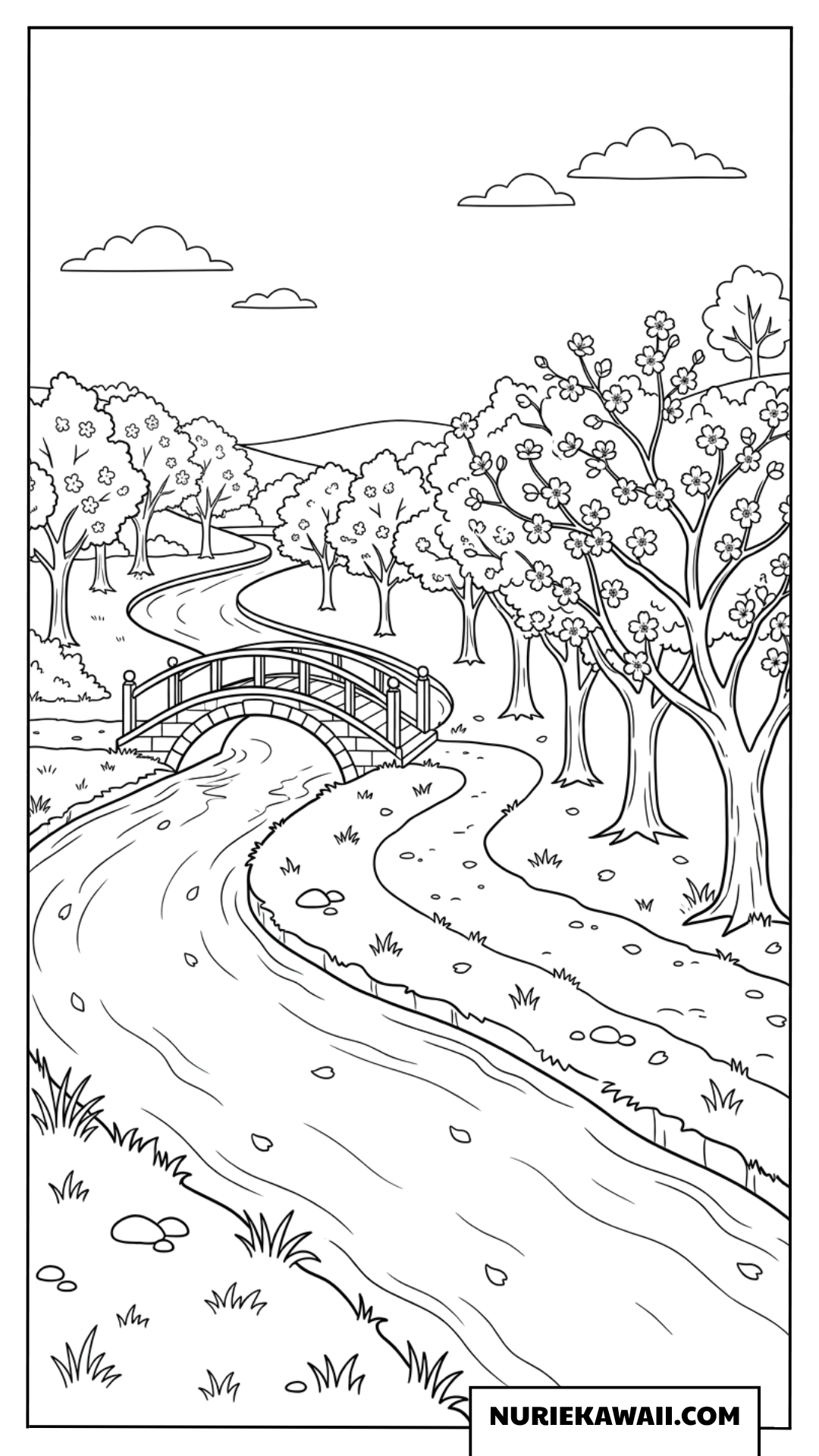 川辺と橋のある春の風景塗り絵