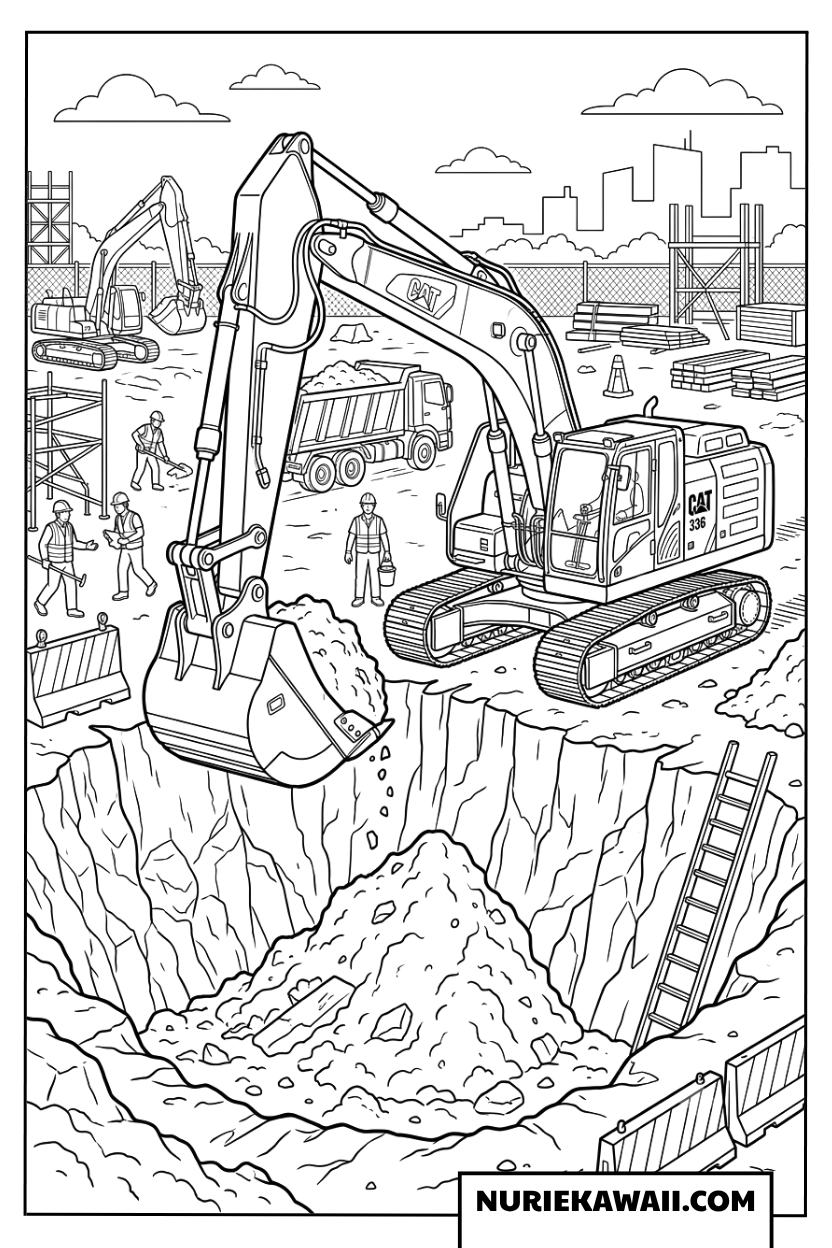 工事現場で働くショベルカーの塗り絵