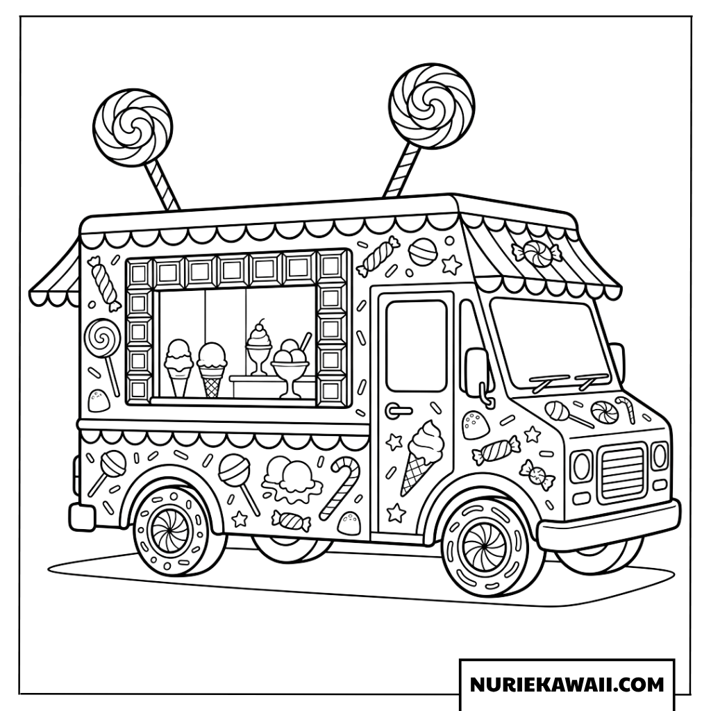 巨大なキャンディで飾られたポップなアイスクリームカーの塗り絵