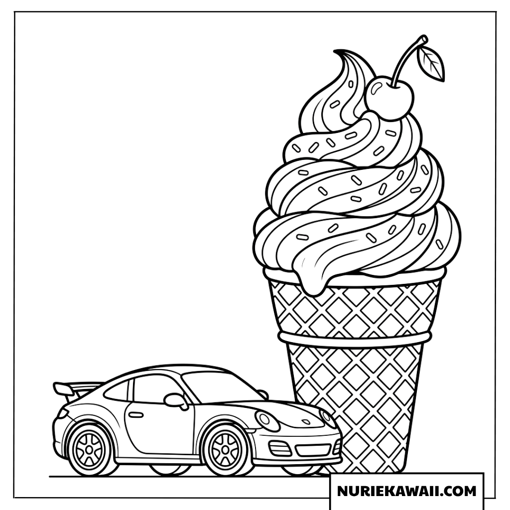 巨大なソフトクリームとスポーツカーの塗り絵