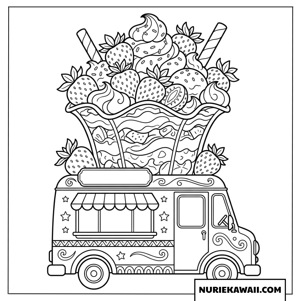 巨大なフルーツパフェをのせたアイスクリームカーの塗り絵