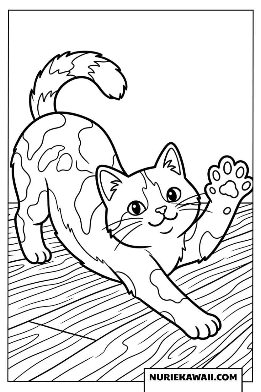 床の上で伸びをする可愛い三毛猫の塗り絵
