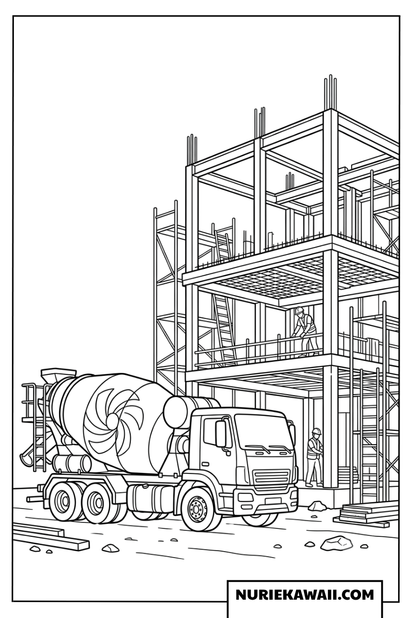 建設現場で活躍するミキサー車の塗り絵