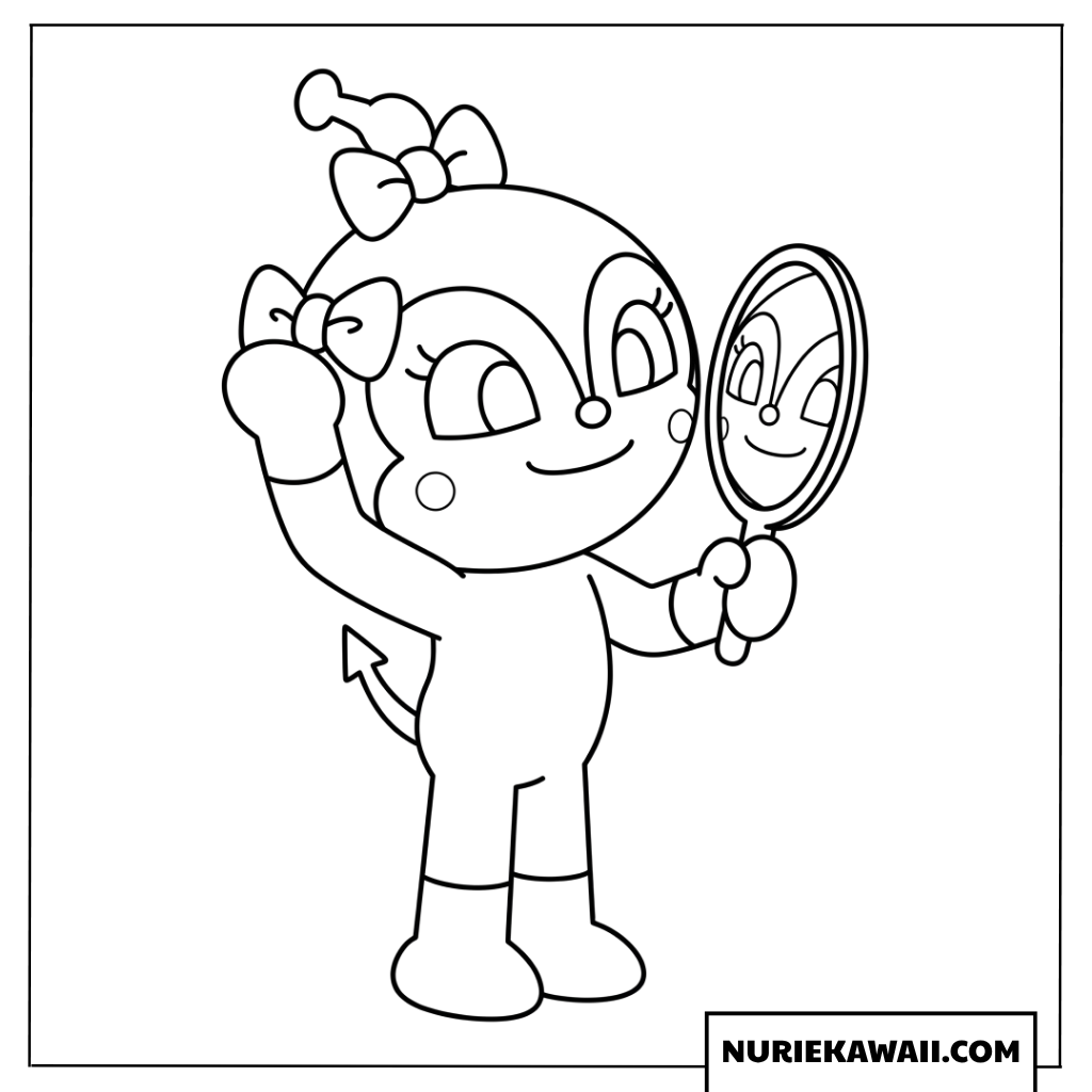 手鏡を見ながらリボンを飾るおしゃれなドキンちゃんの塗り絵