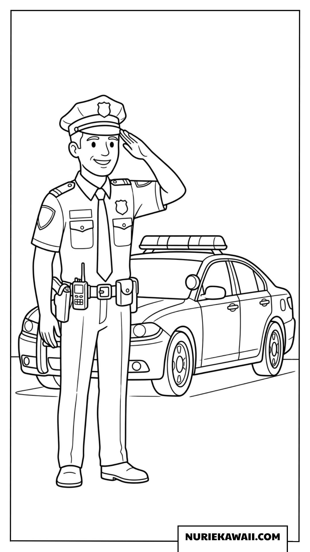 敬礼する警察官とパトカーの塗り絵