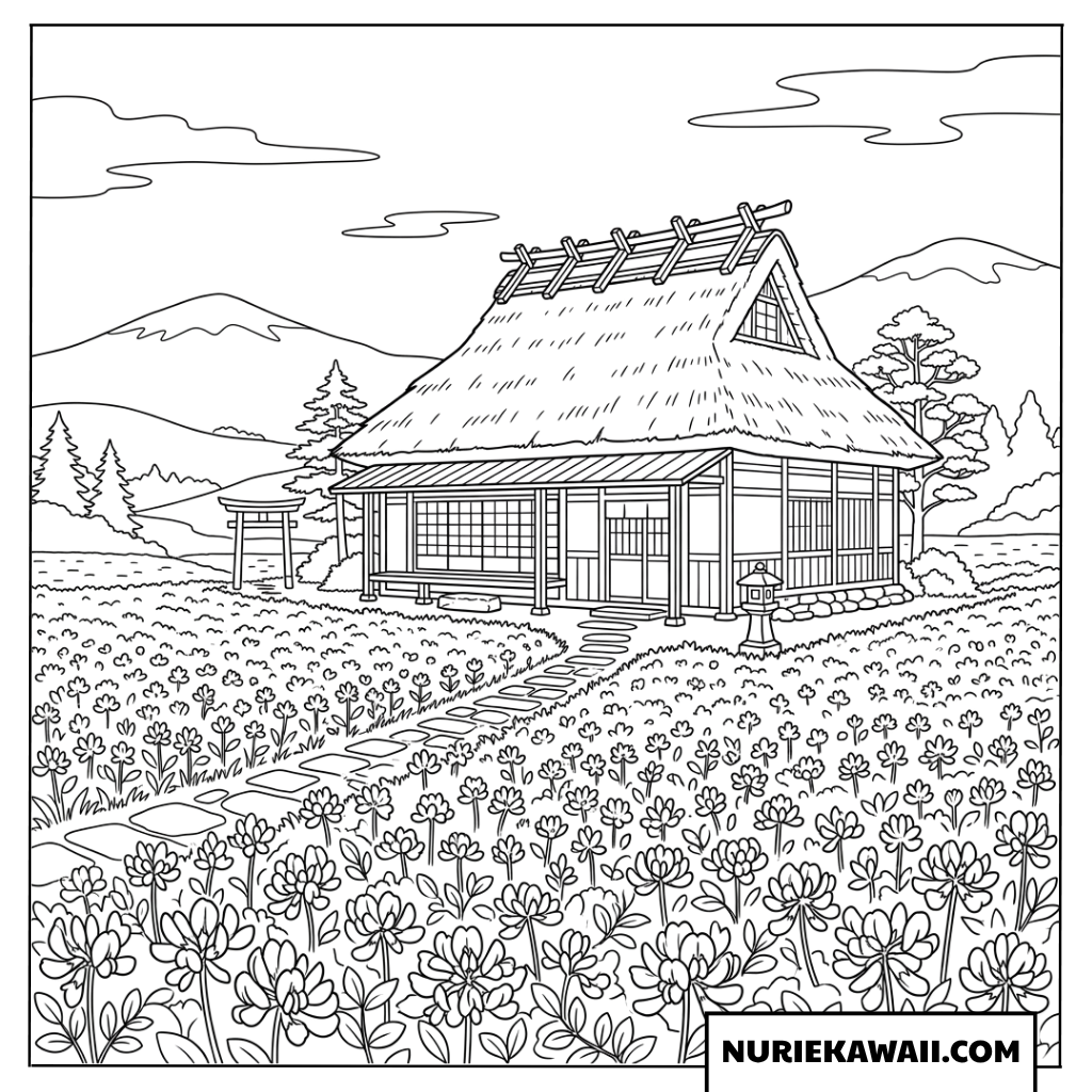 日本の民家と花畑の春の塗り絵