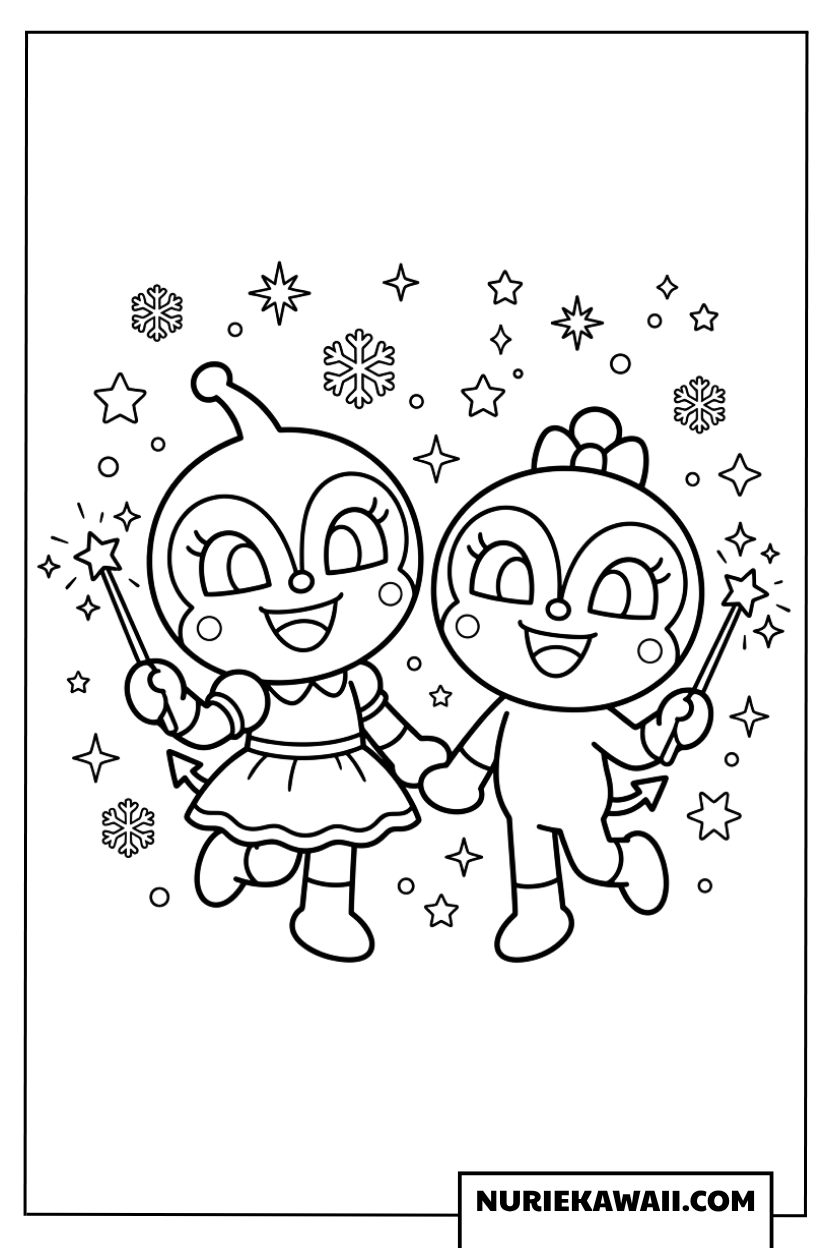 星のステッキを持って魔法をかけるドキンちゃんとコキンちゃんの塗り絵