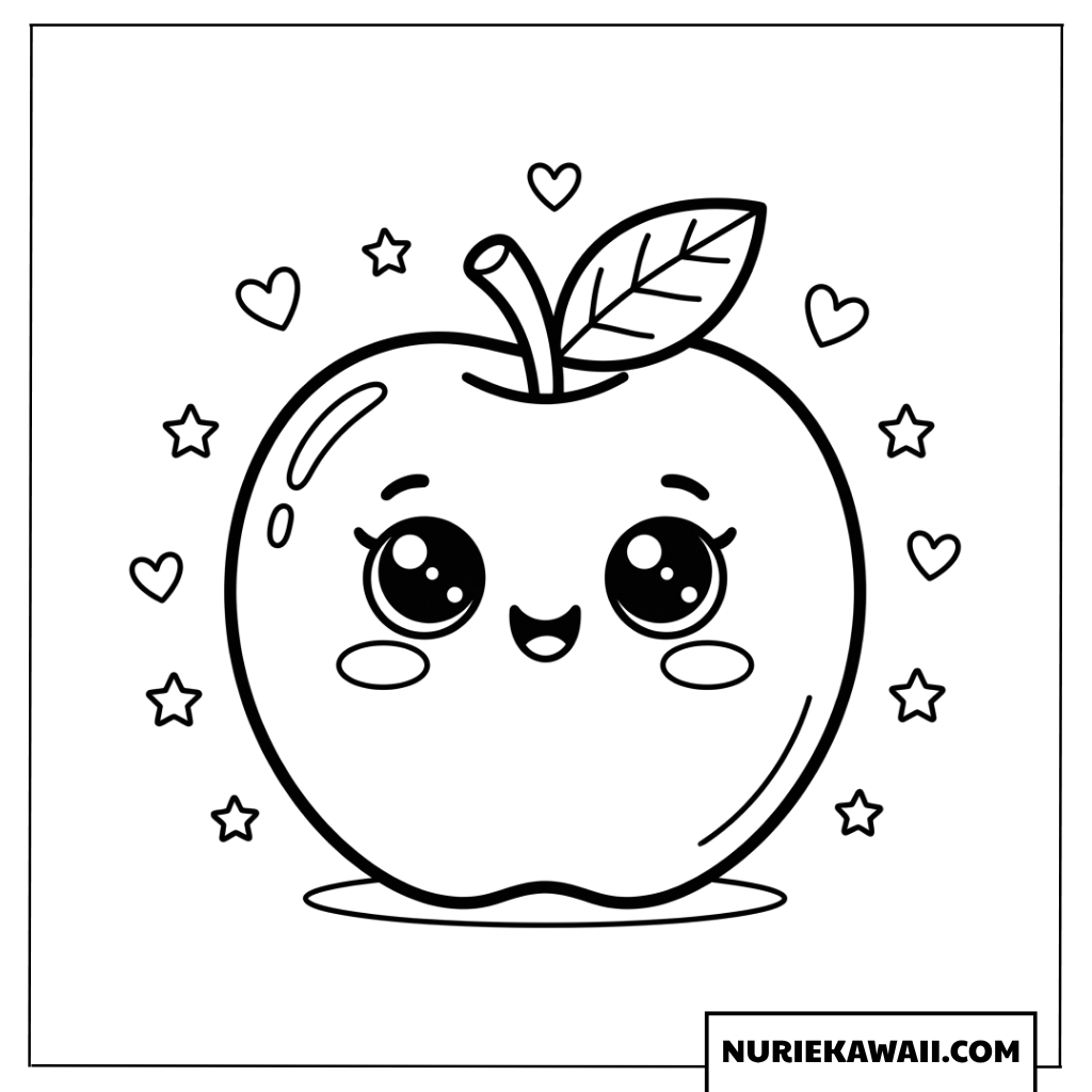 星やハートに囲まれた大きな瞳の可愛いりんごのキャラクターの塗り絵