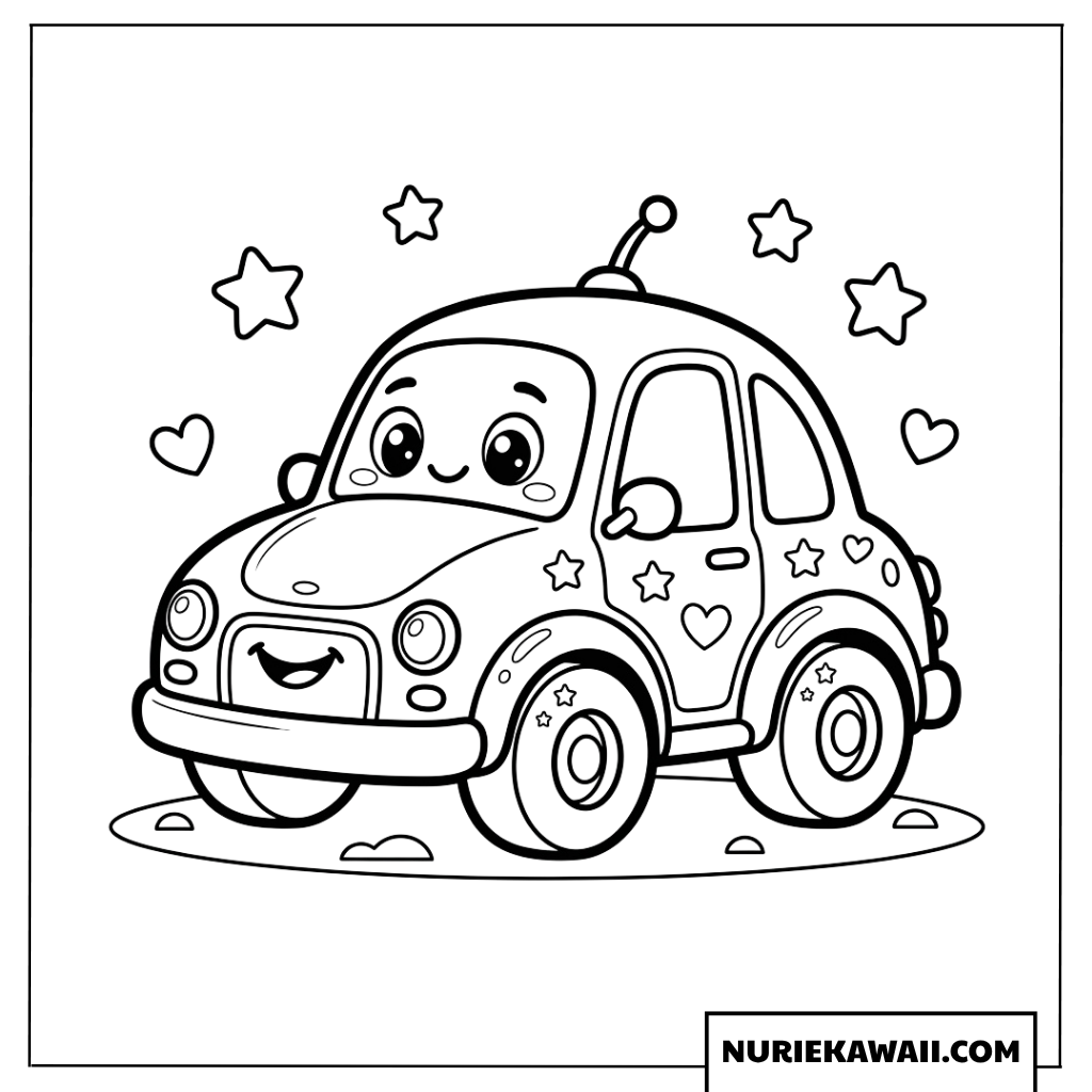 星やハートの模様がついたお茶目で可愛いおもちゃの車の塗り絵