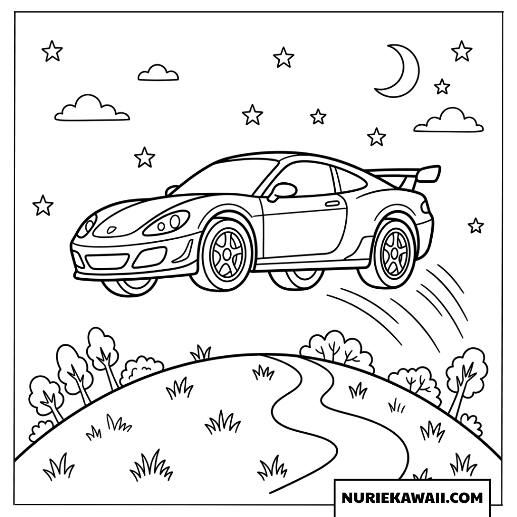 星空の夜に丘をジャンプするスポーツカーの塗り絵