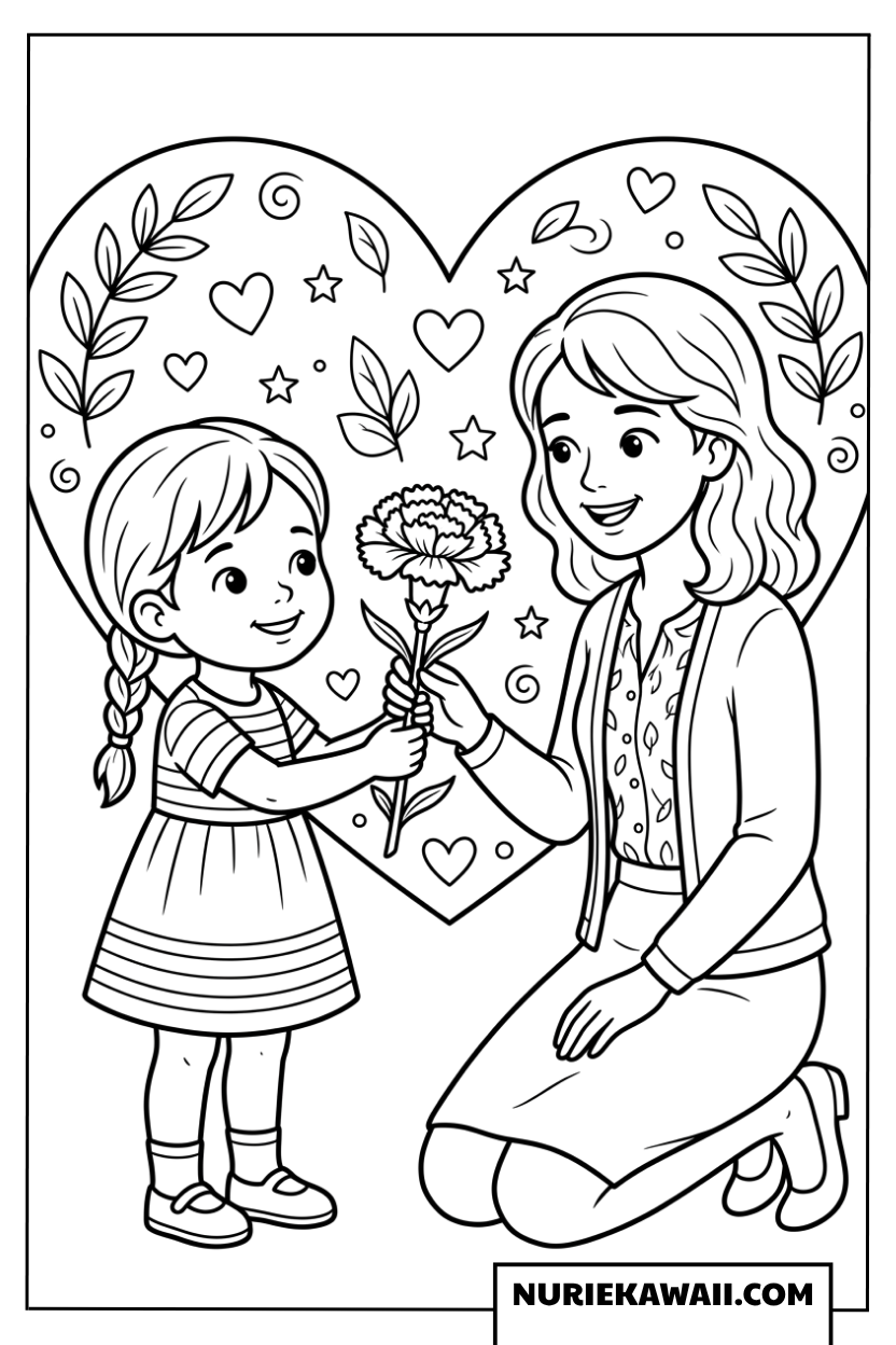 春のぬりえ - 母の日に花を贈る女の子の塗り絵