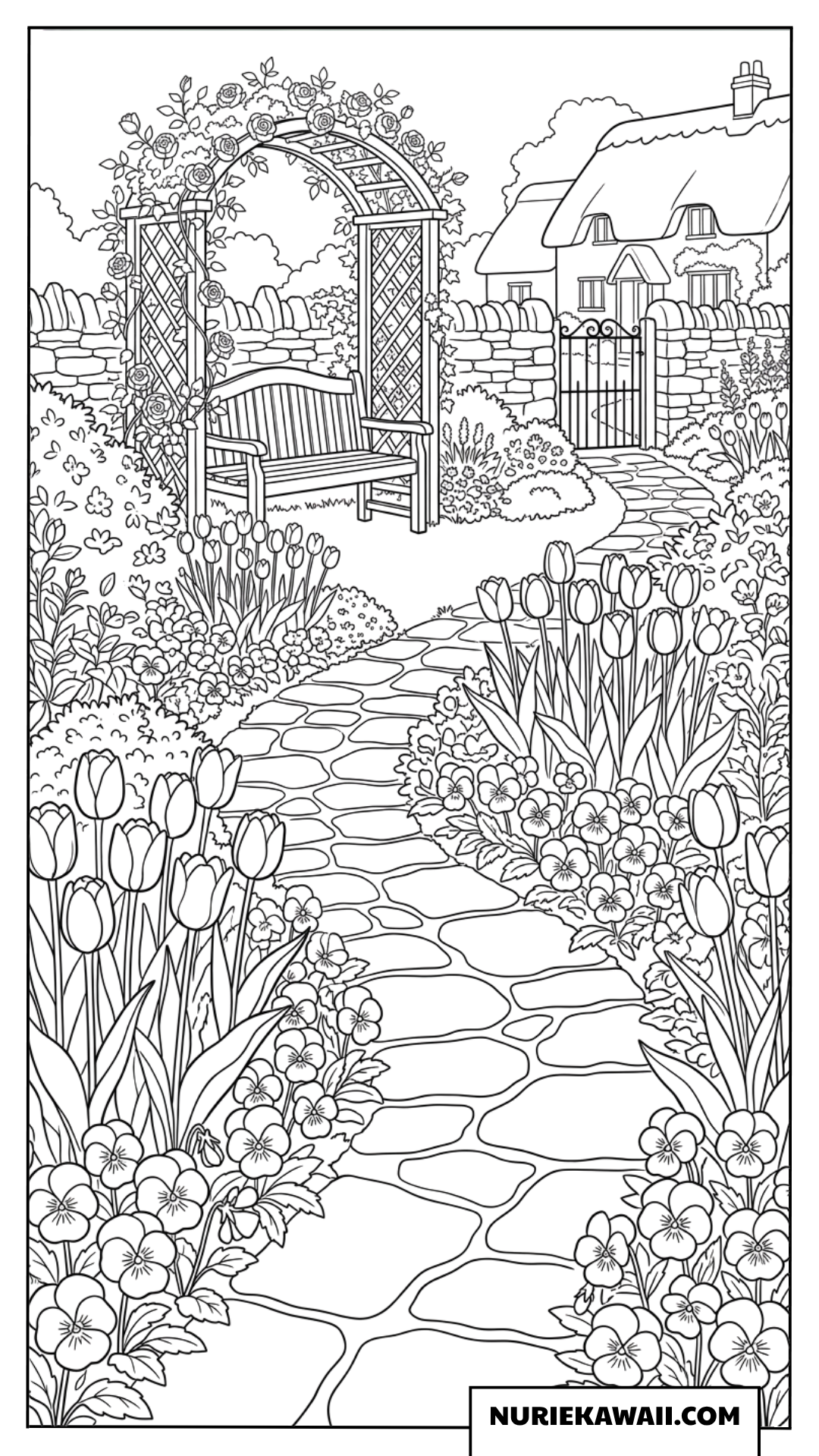春の庭の小道と花の塗り絵